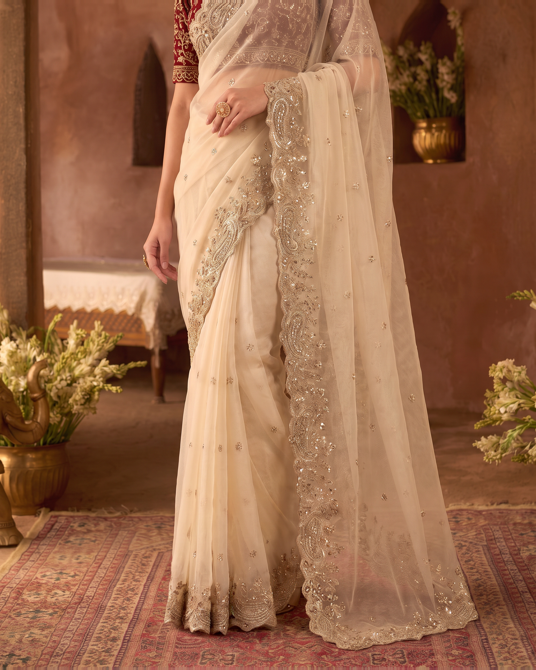 Manya Star Mango Festive Saree with Ornate Pallu - Cream - lower closeup