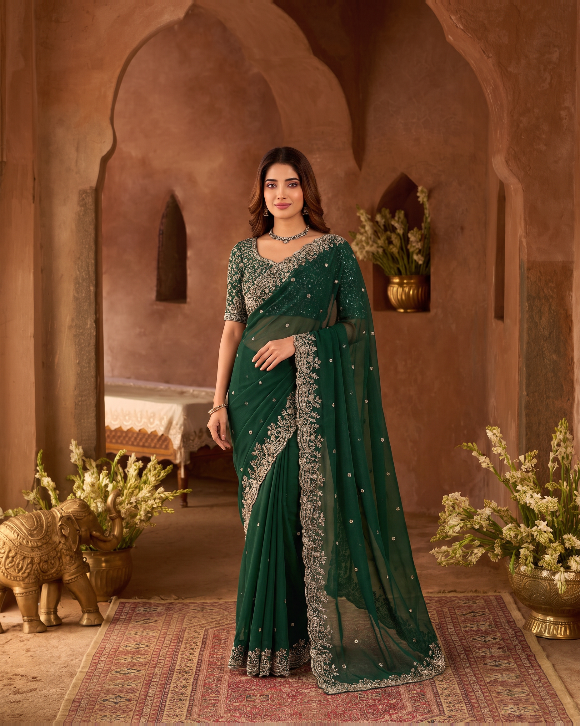 Manya Star Mango Festive Saree with Ornate Pallu - Green - full saree hero