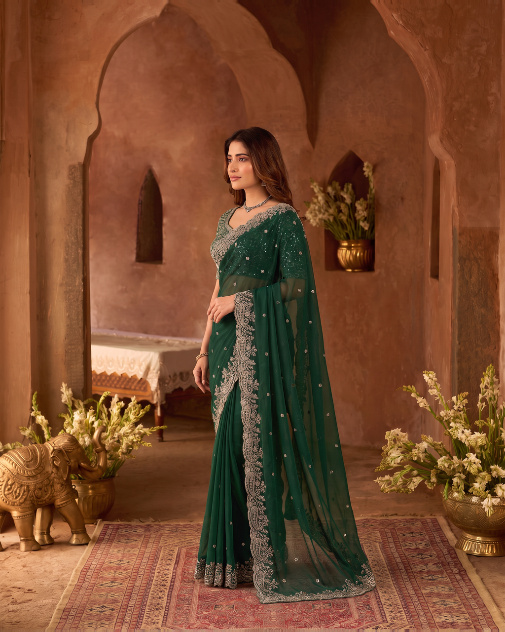 Manya Star Mango Festive Saree with Ornate Pallu - Green - side