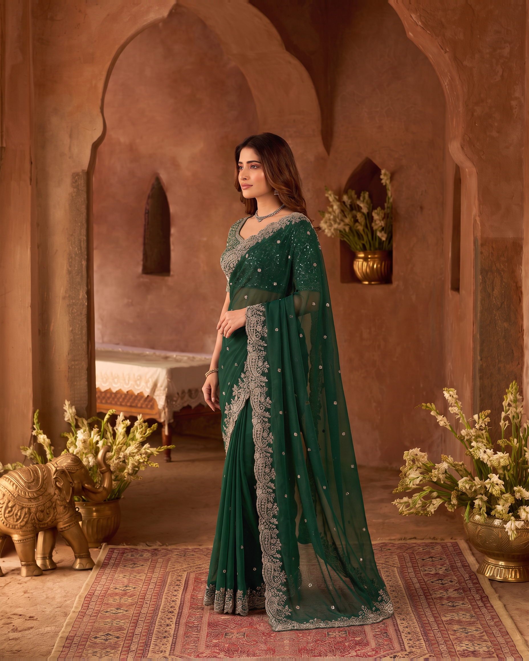Manya Star Mango Festive Saree with Ornate Pallu - Green - side