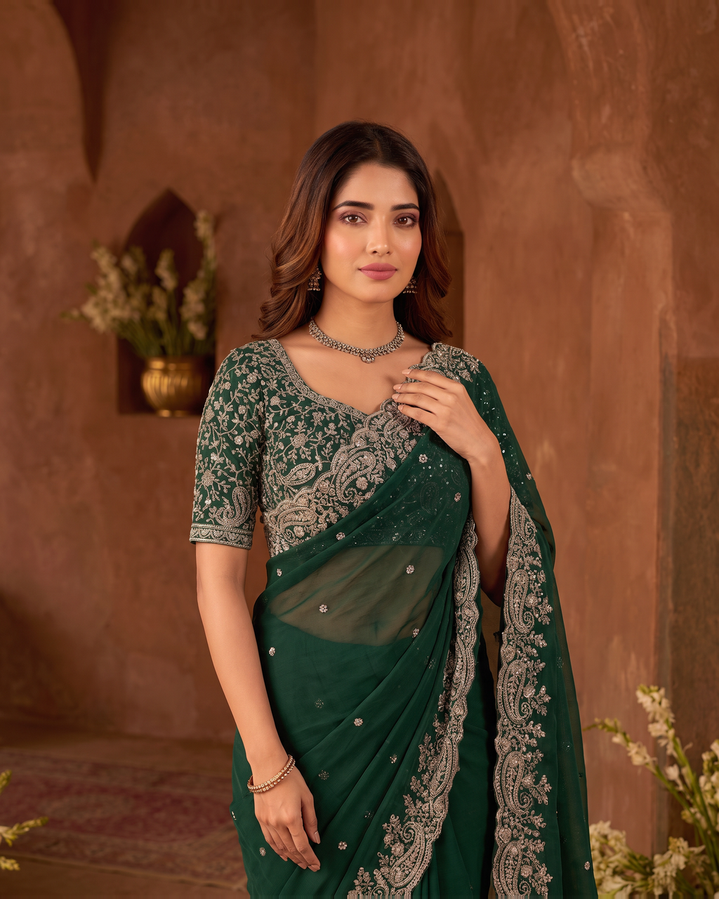 Manya Star Mango Festive Saree with Ornate Pallu - Green - upper closeup