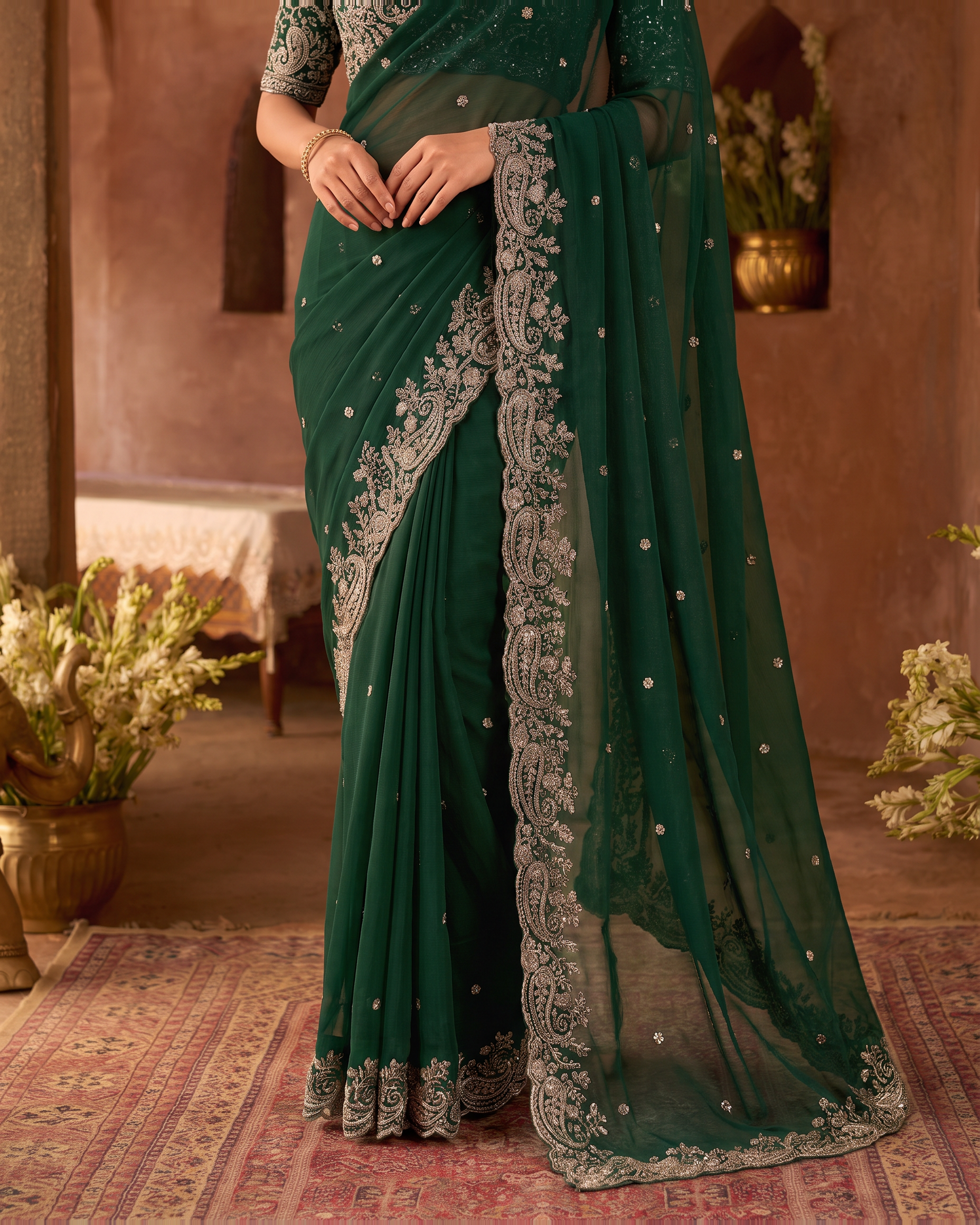 Manya Star Mango Festive Saree with Ornate Pallu - Green - lower closeup