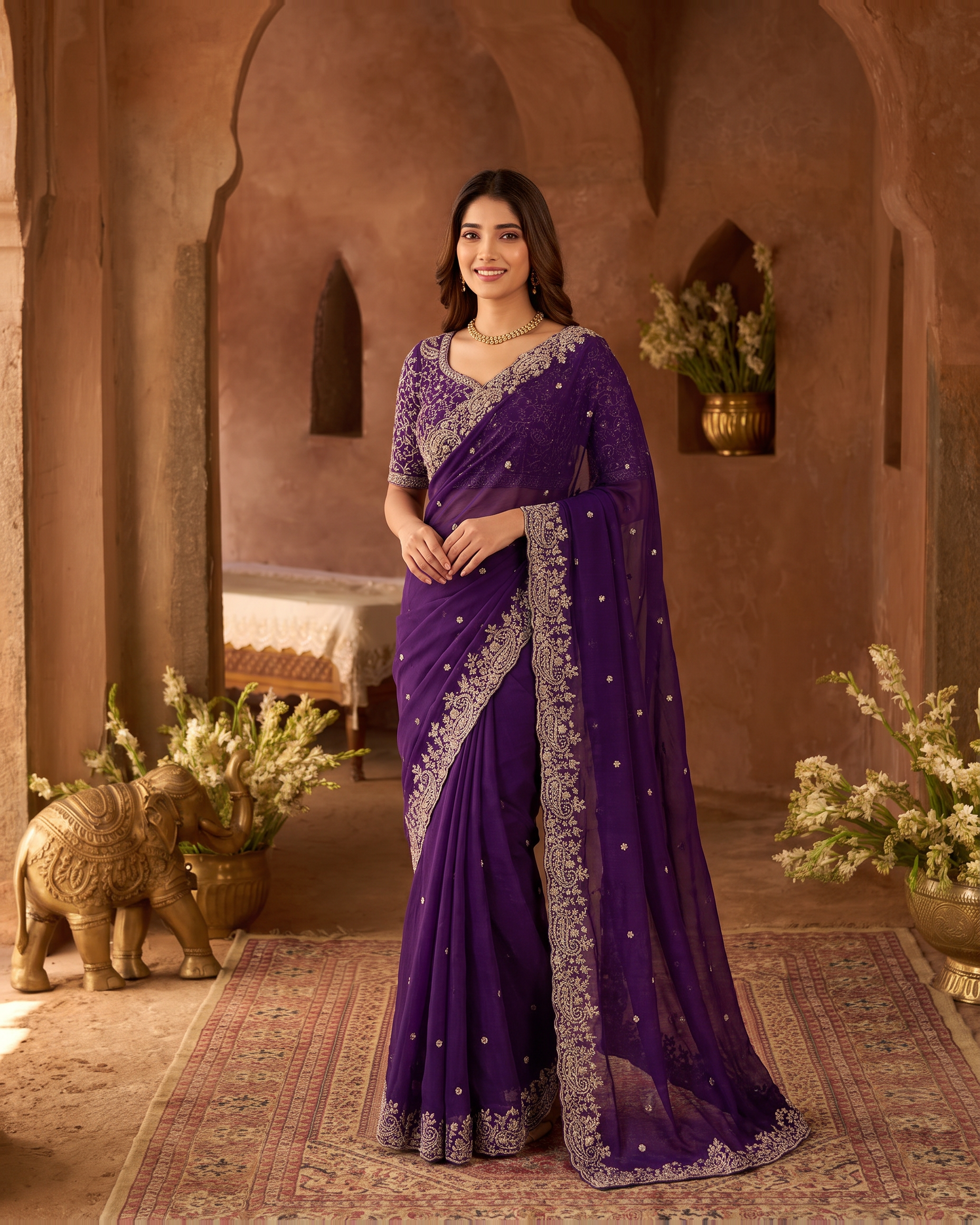 Manya Star Mango Festive Saree with Ornate Pallu - Purple - full saree hero