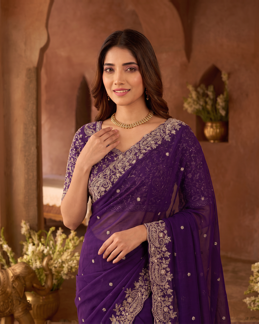 Manya Star Mango Festive Saree with Ornate Pallu - Purple - upper closeup