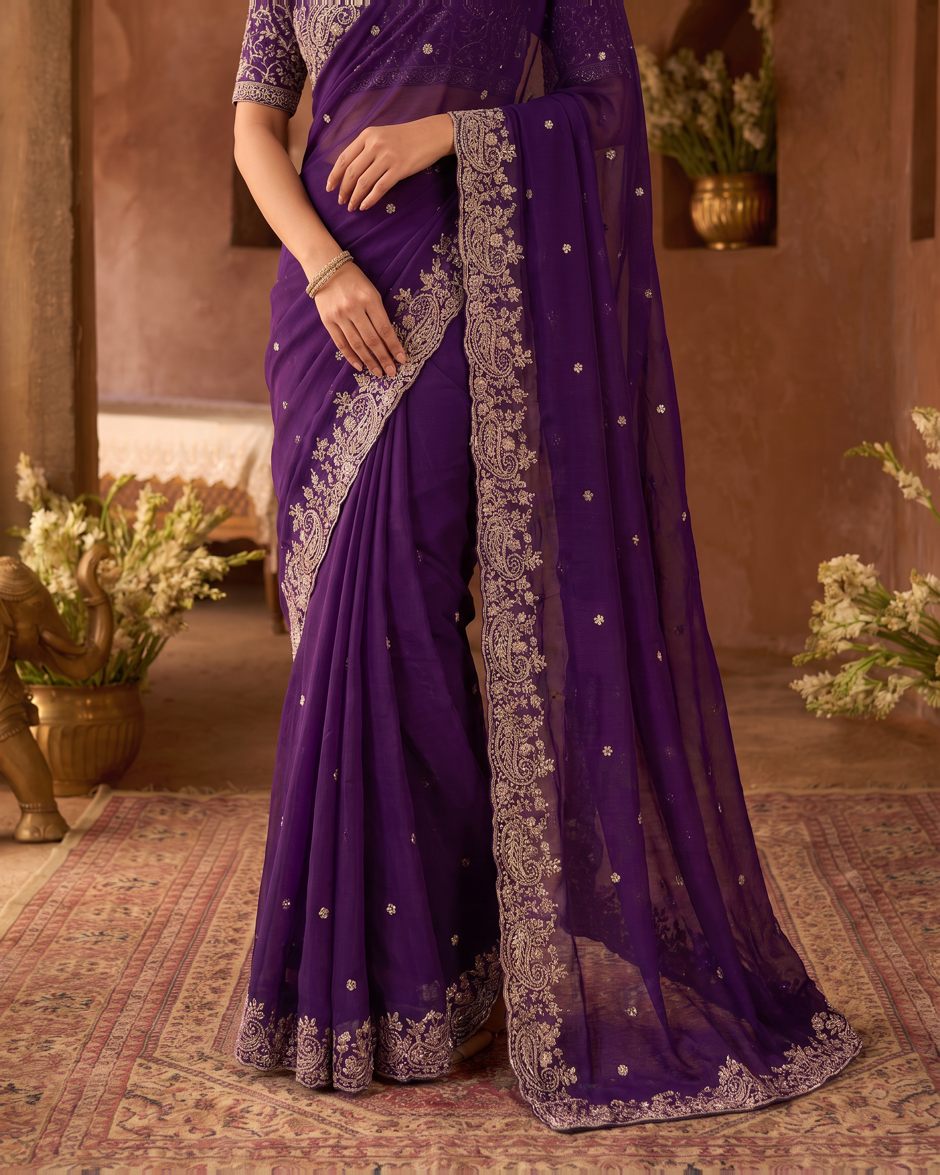 Manya Star Mango Festive Saree with Ornate Pallu - Purple - lower closeup