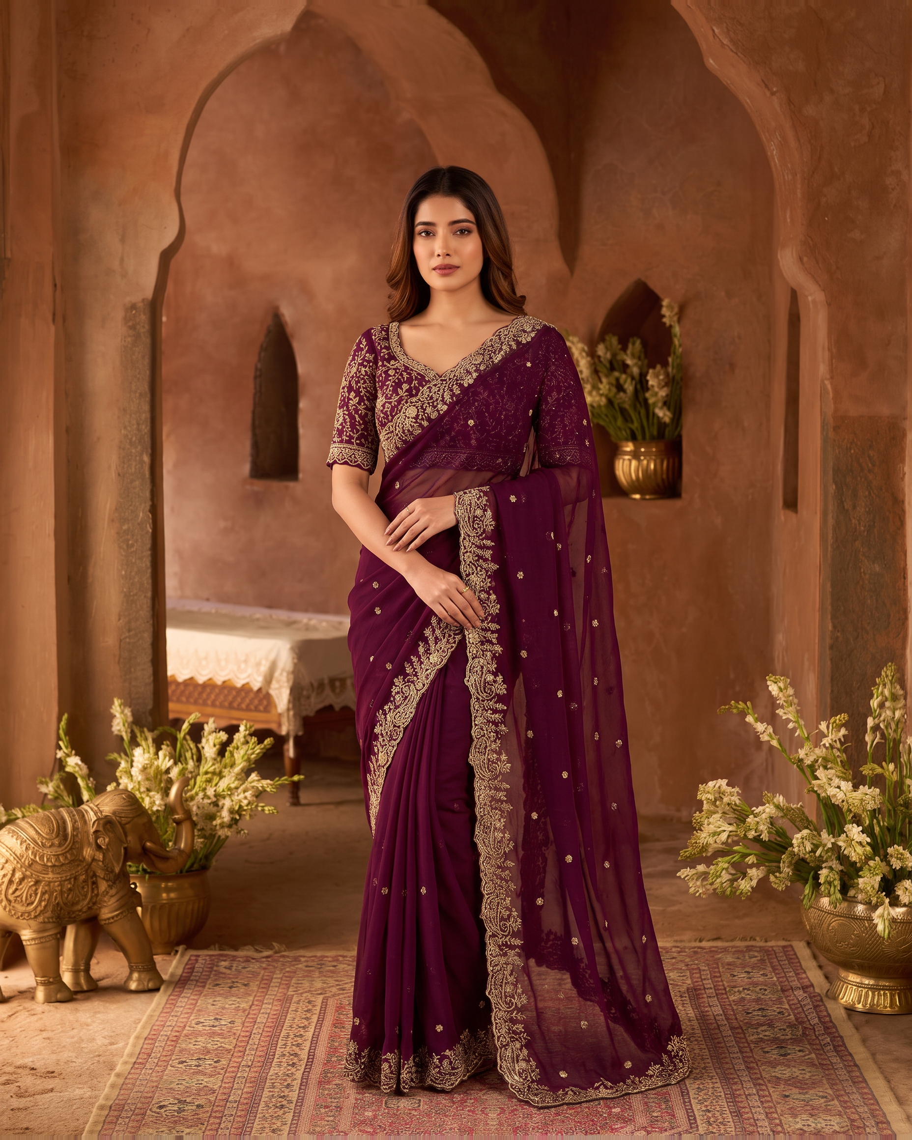 Manya Star Mango Festive Saree with Ornate Pallu - Wine - full saree hero
