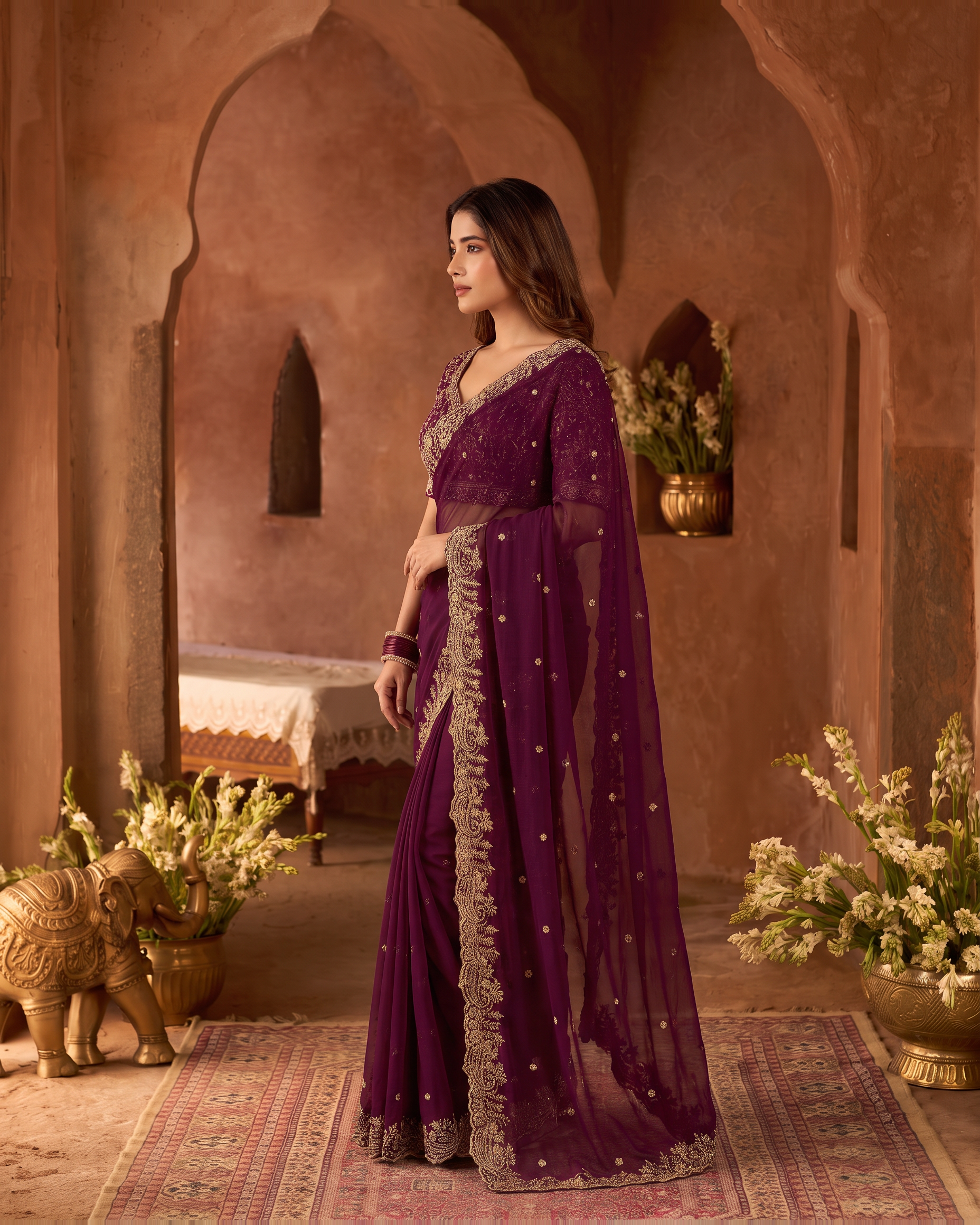 Manya Star Mango Festive Saree with Ornate Pallu - Wine - side