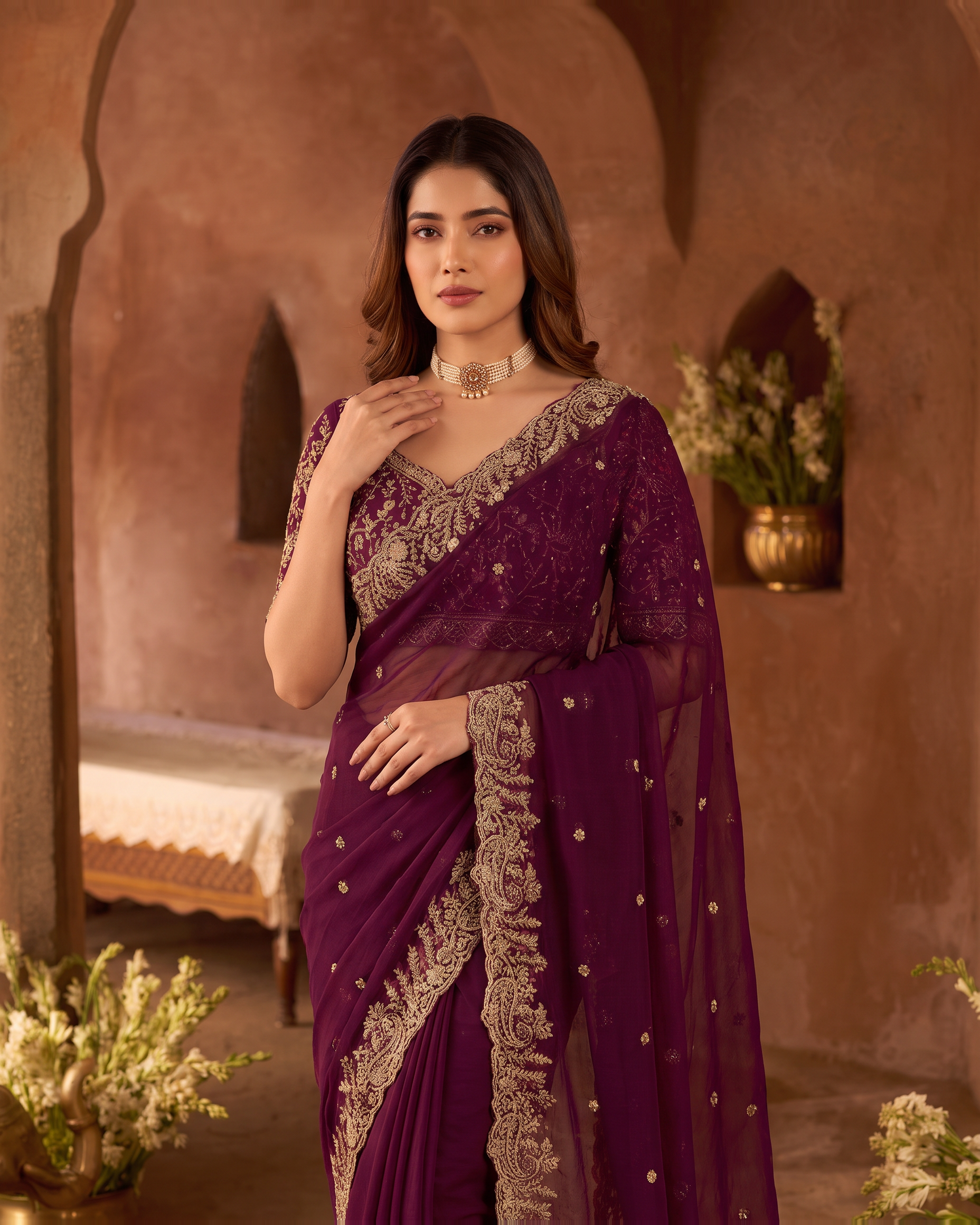 Manya Star Mango Festive Saree with Ornate Pallu - Wine - upper closeup