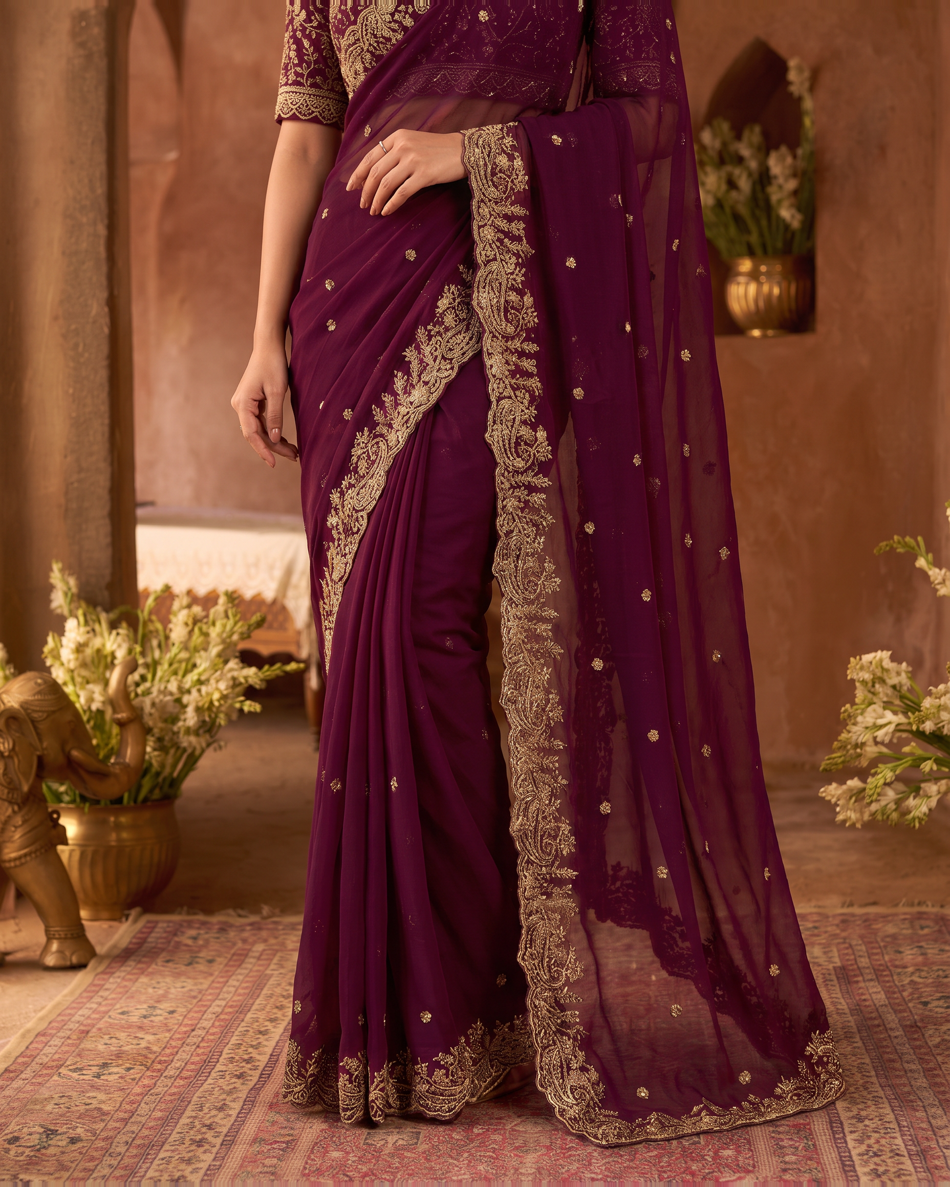 Manya Star Mango Festive Saree with Ornate Pallu - Wine - lower closeup