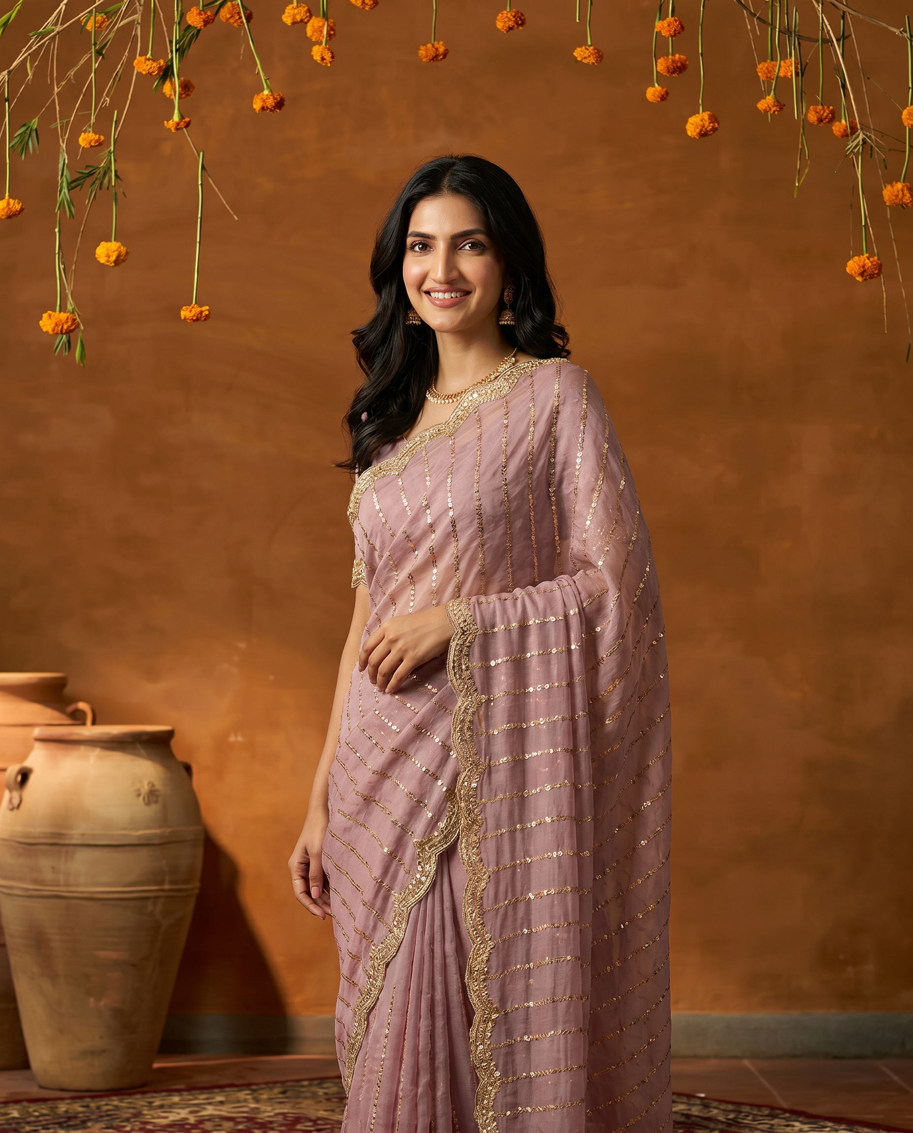 Maroon Embroidered Georgette Saree with Golden Zari Border - output 0 - 02 hero