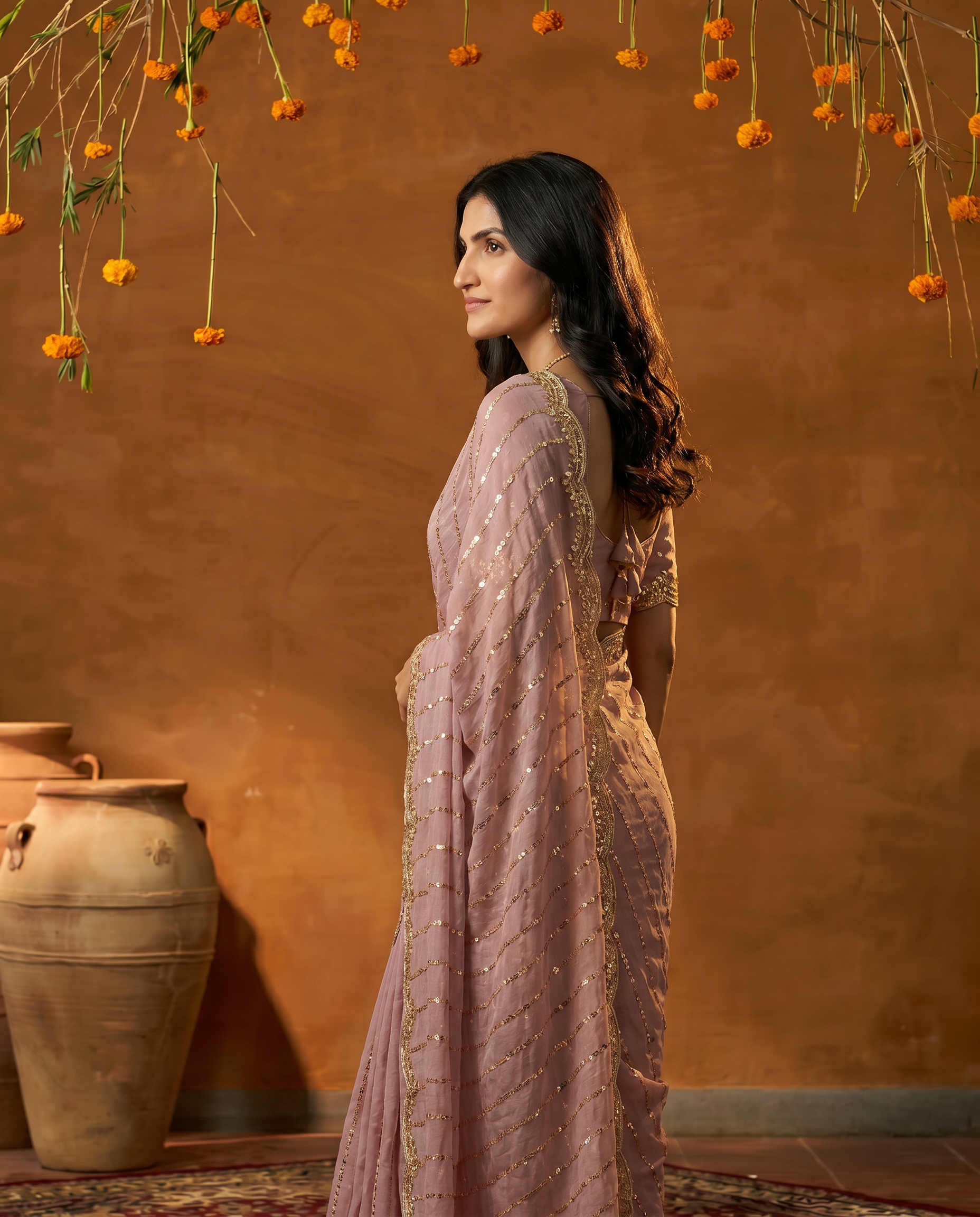 Maroon Embroidered Georgette Saree with Golden Zari Border - output 0 - 03 side