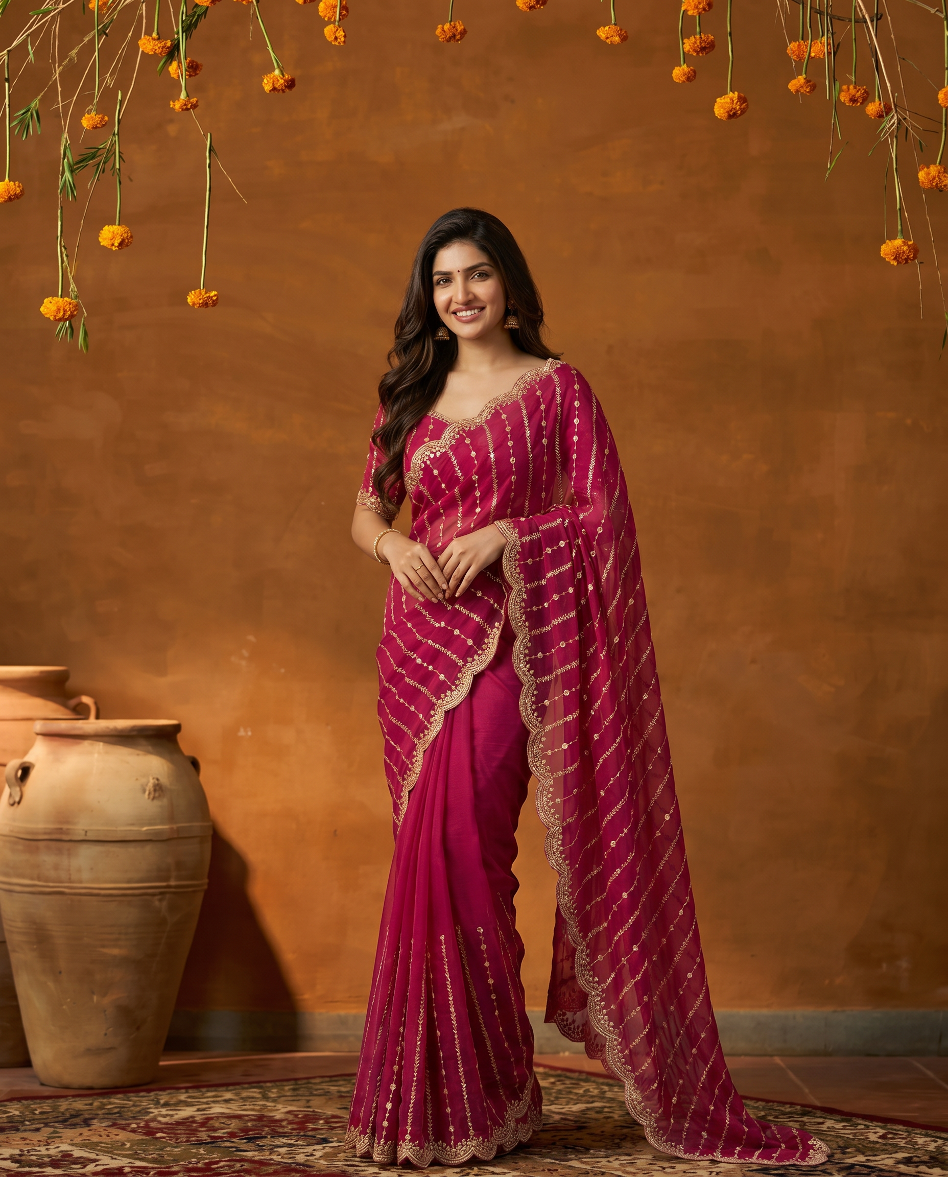 Maroon Embroidered Georgette Saree with Golden Zari Border - output 2 - 02 hero
