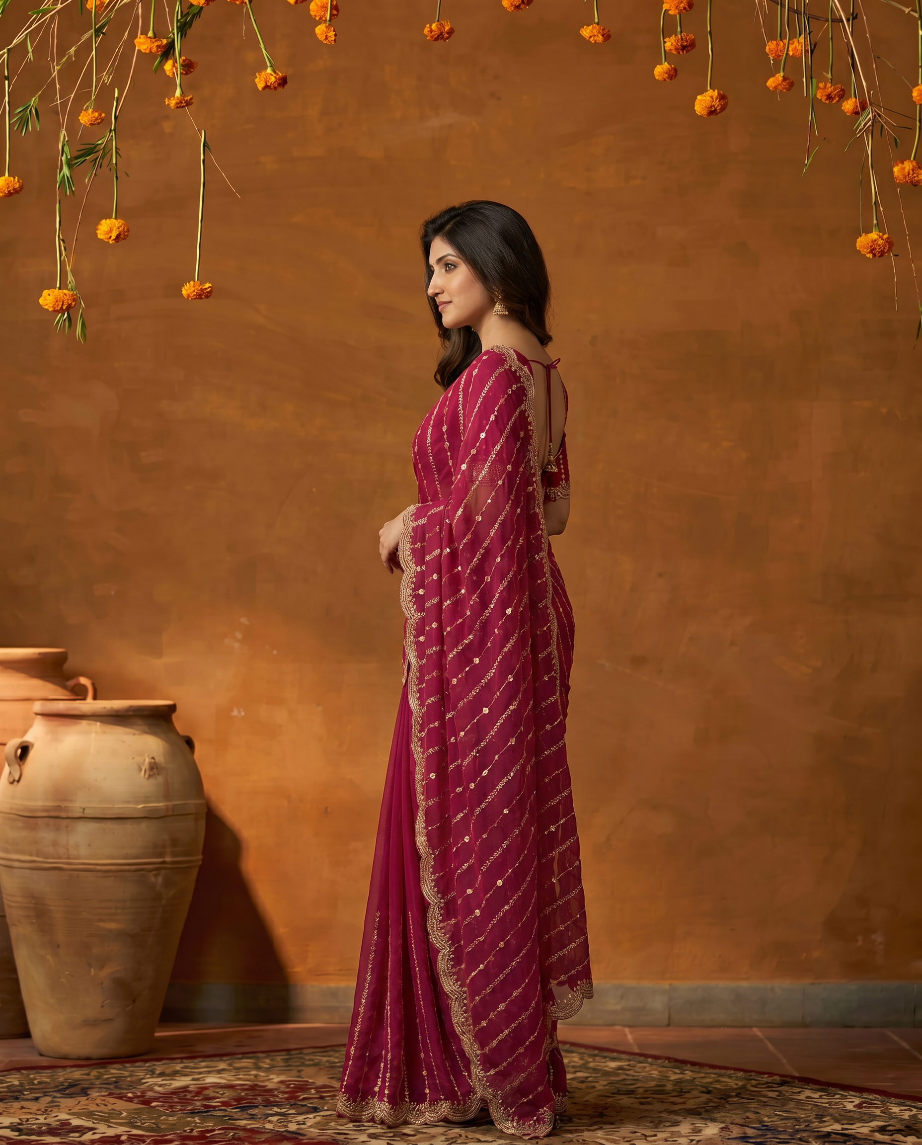 Maroon Embroidered Georgette Saree with Golden Zari Border - output 2 - 03 side