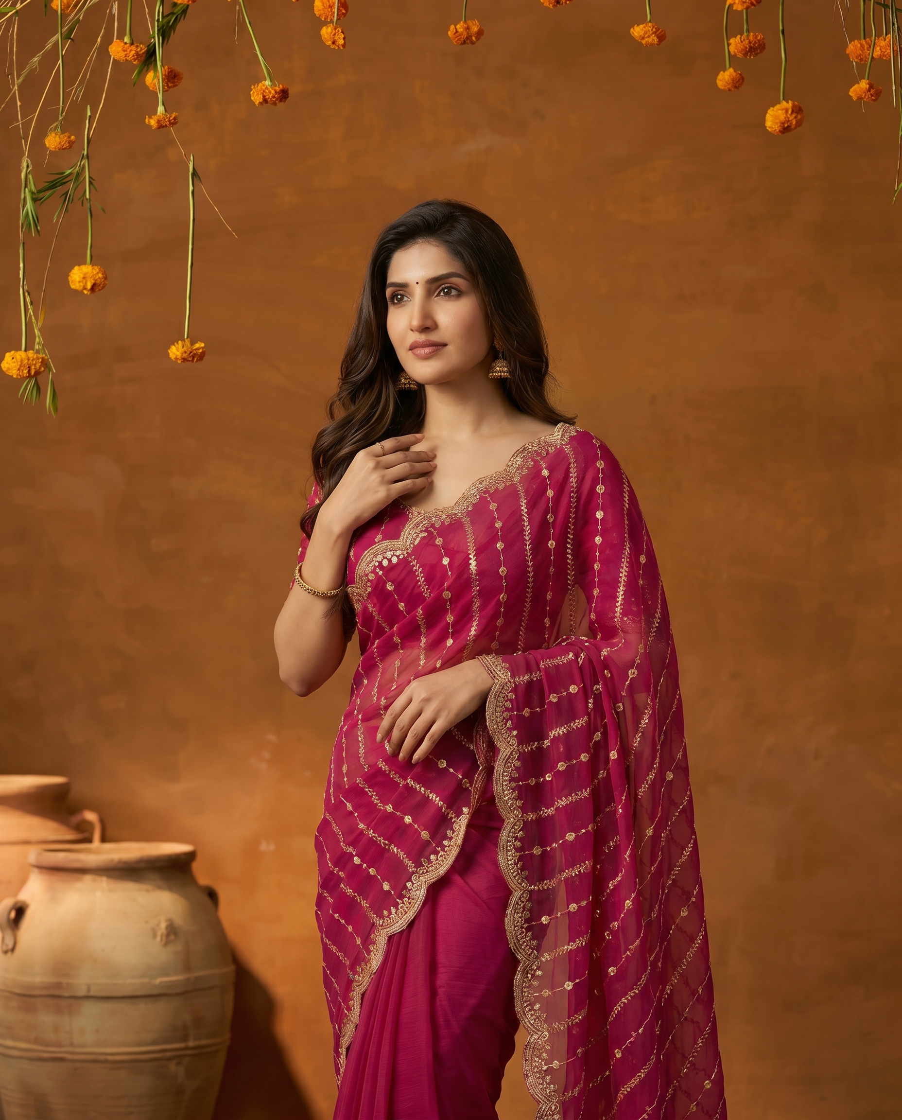 Maroon Embroidered Georgette Saree with Golden Zari Border - output 2 - 04 upper closeup