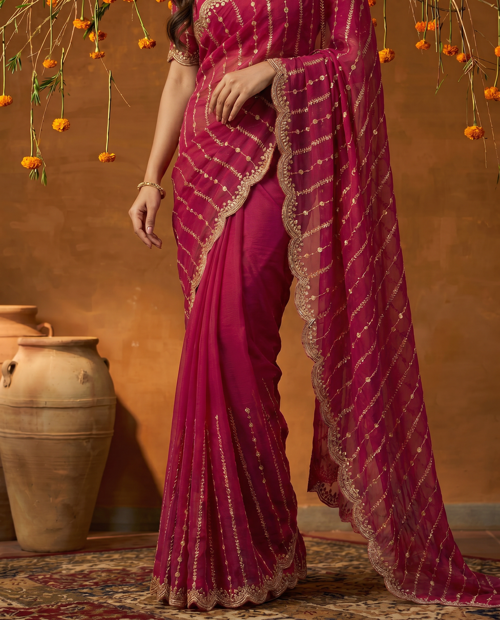 Maroon Embroidered Georgette Saree with Golden Zari Border - output 2 - 05 lower closeup