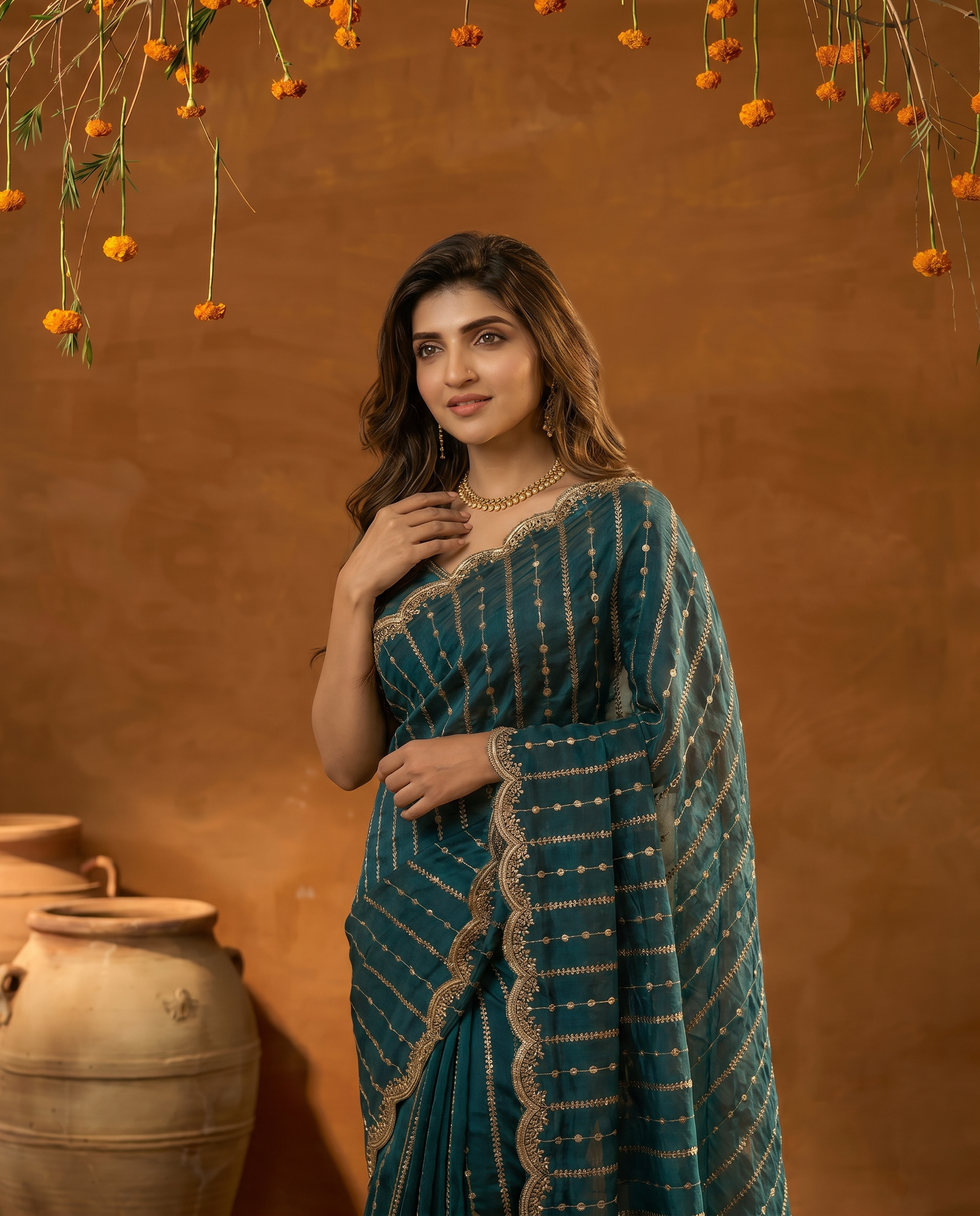 Maroon Embroidered Georgette Saree with Golden Zari Border - output 3 - 04 upper closeup