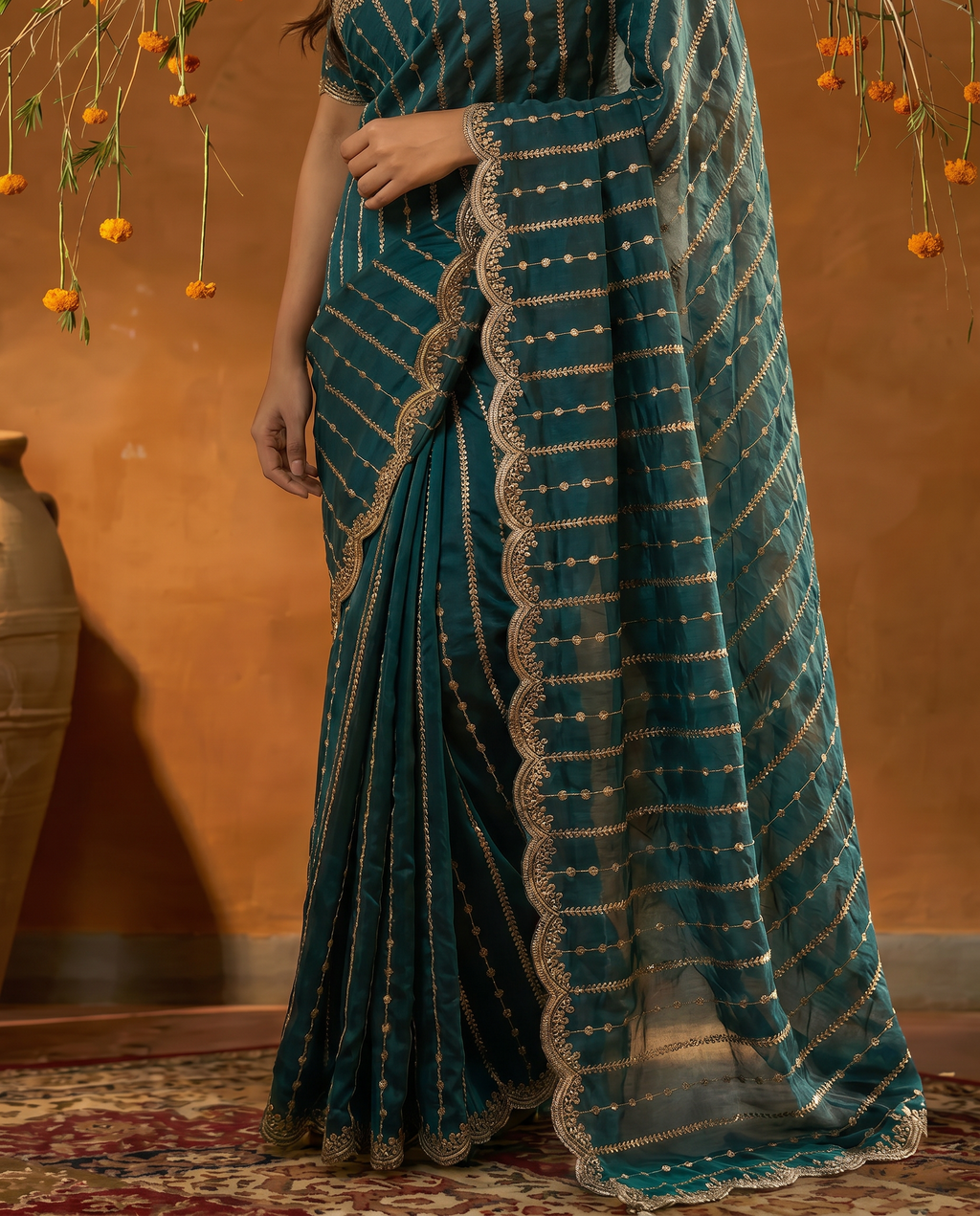 Maroon Embroidered Georgette Saree with Golden Zari Border - output 3 - 05 lower closeup