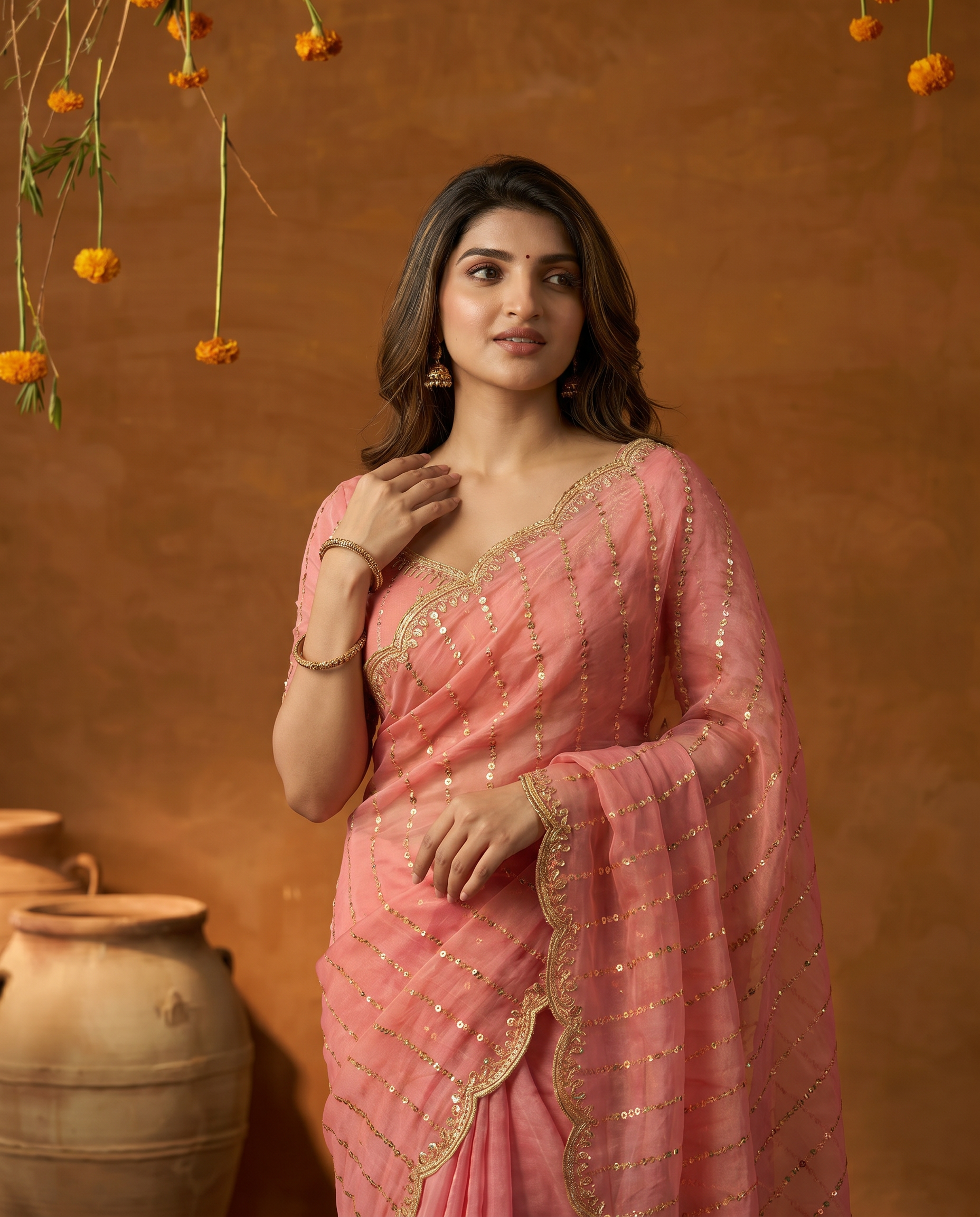 Maroon Embroidered Georgette Saree with Golden Zari Border - output 4 - 04 upper closeup