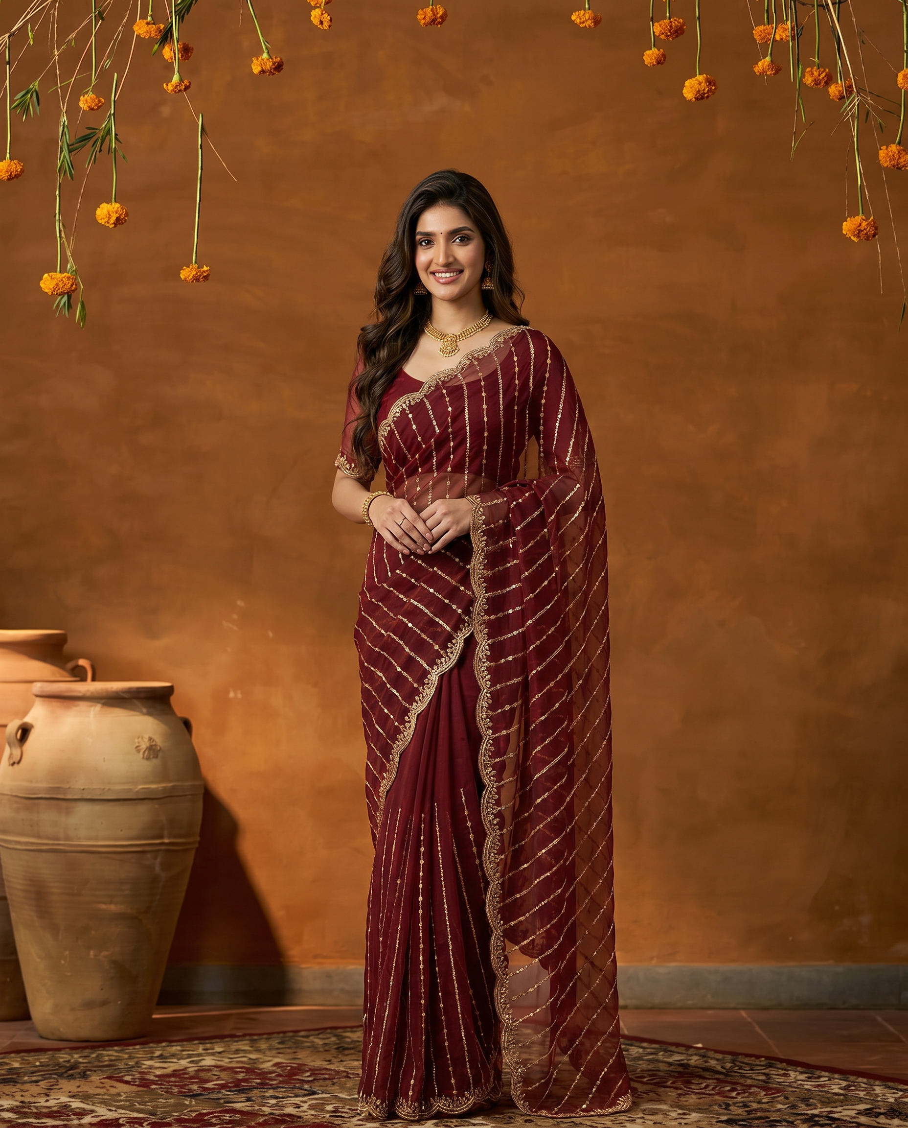Maroon Embroidered Georgette Saree with Golden Zari Border - output 5 - 02 hero