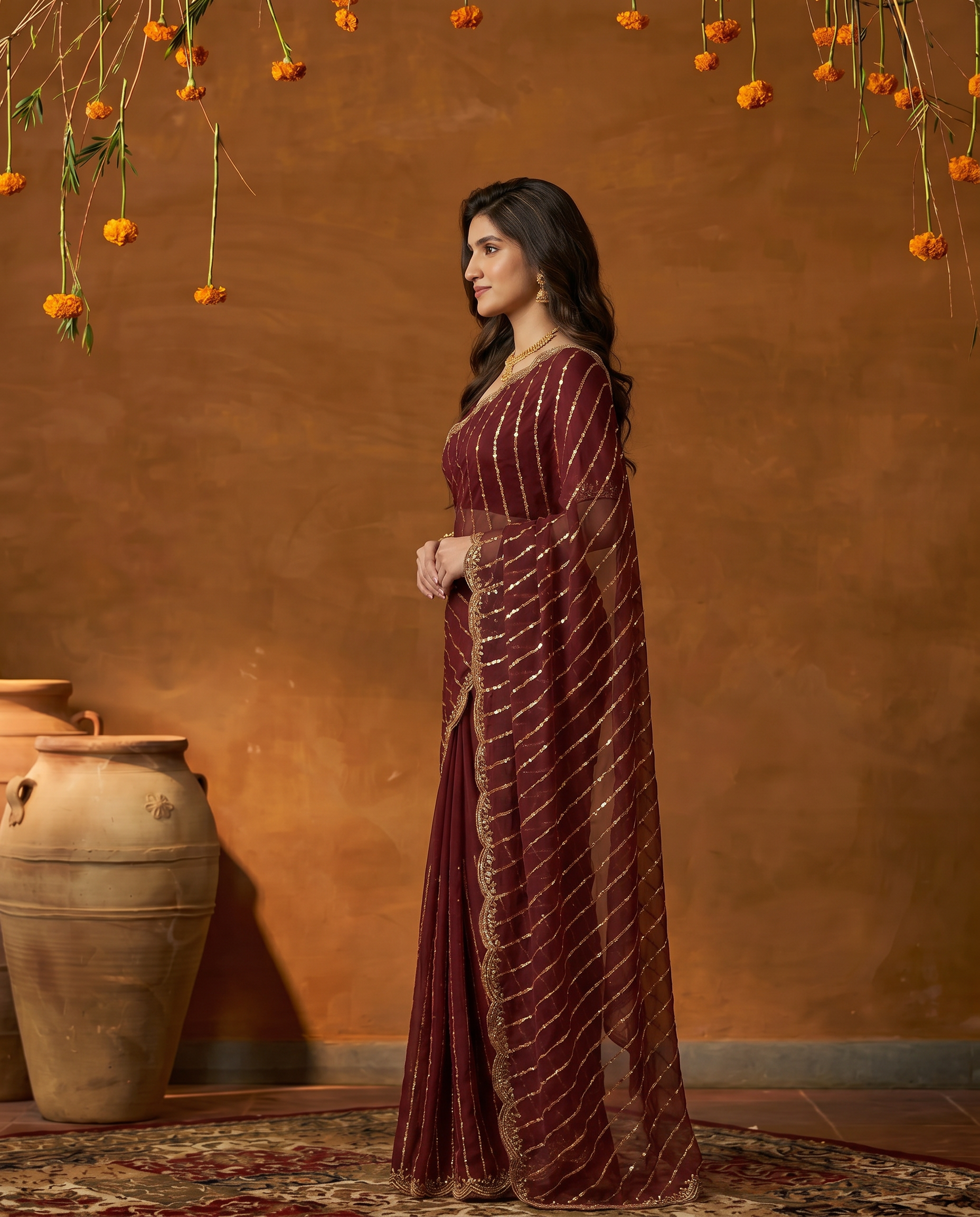 Maroon Embroidered Georgette Saree with Golden Zari Border - output 5 - 03 side