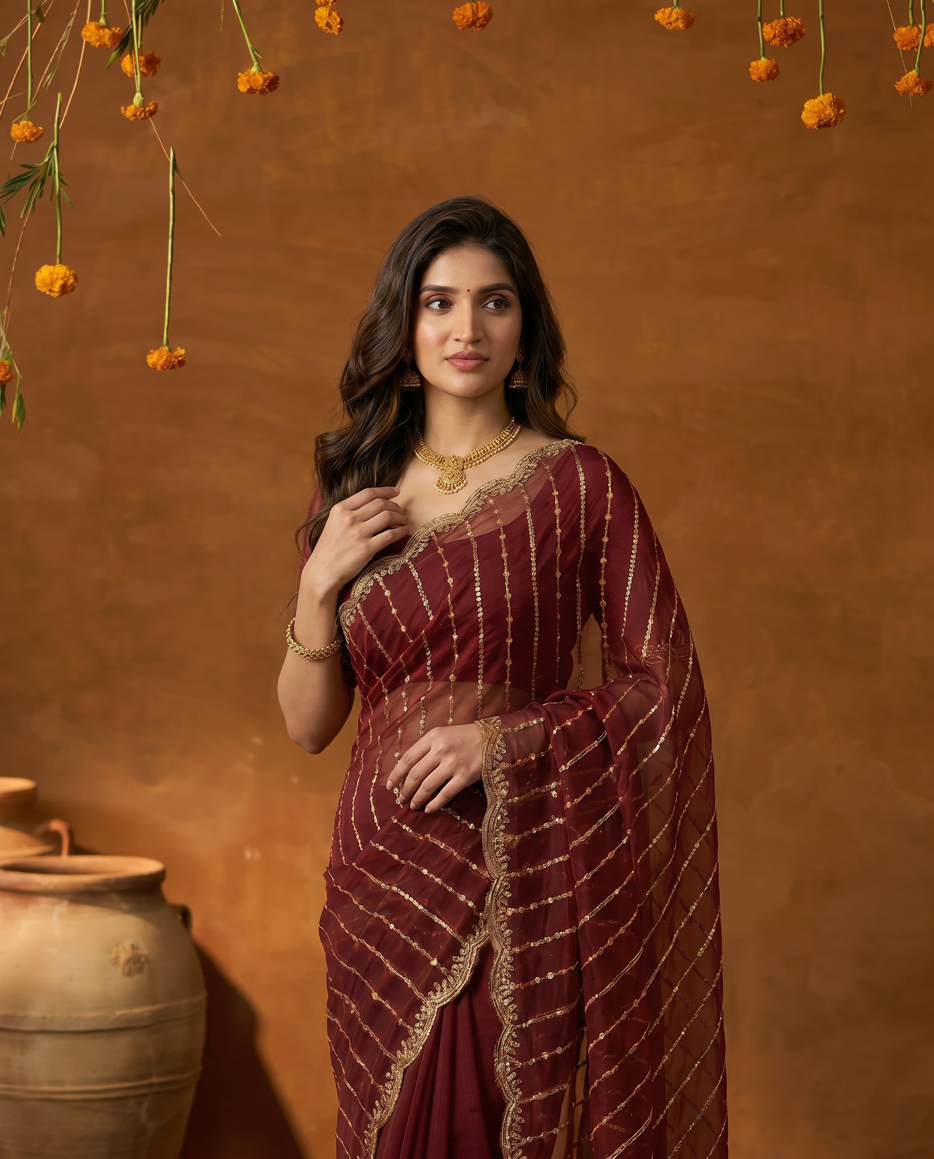 Maroon Embroidered Georgette Saree with Golden Zari Border - output 5 - 04 upper closeup