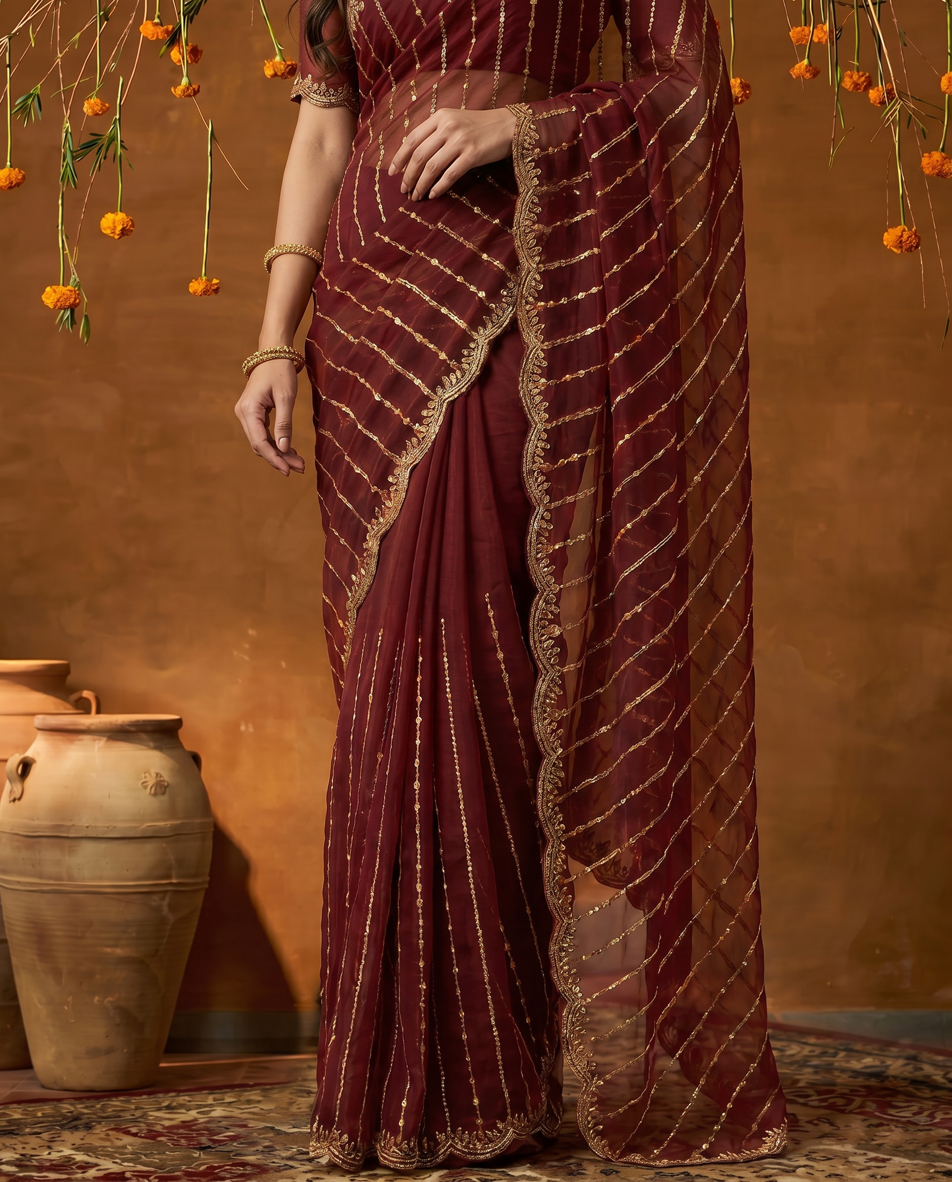 Maroon Embroidered Georgette Saree with Golden Zari Border - output 5 - 05 lower closeup