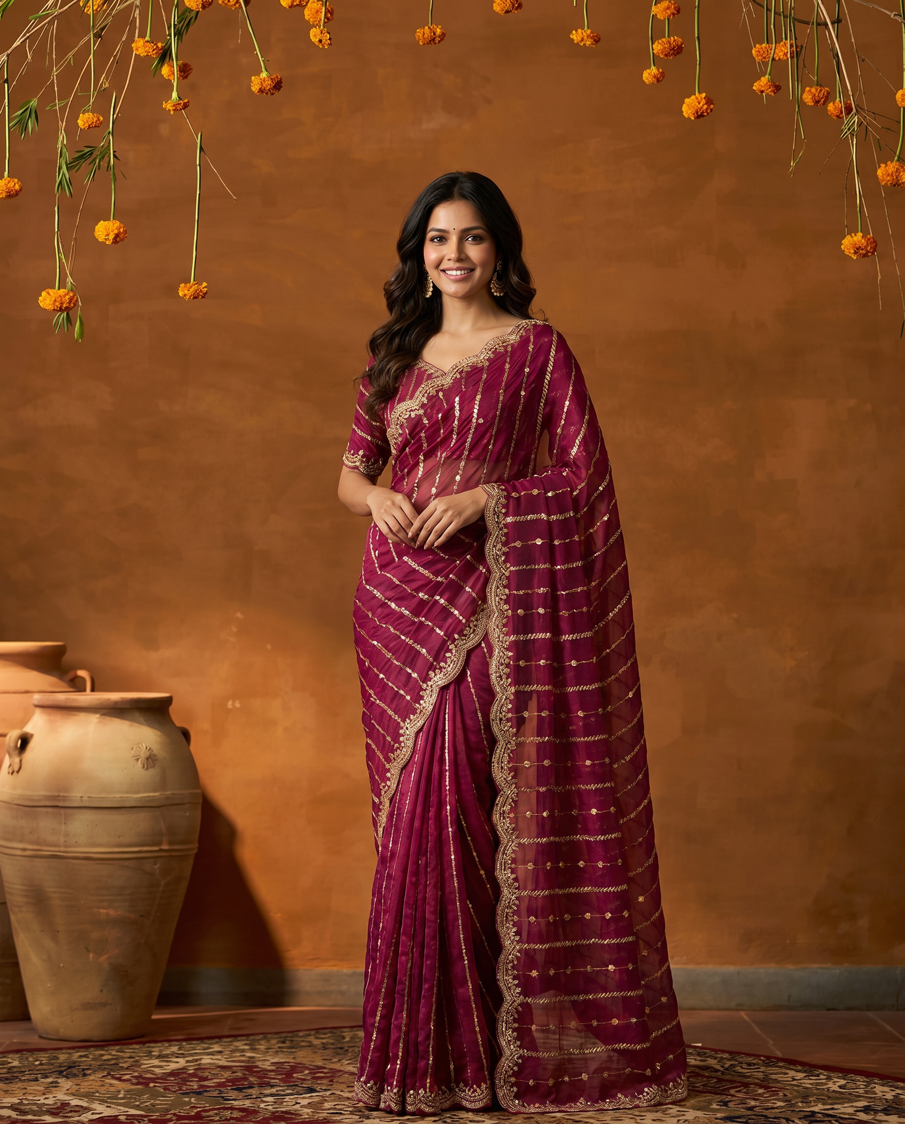 Maroon Embroidered Georgette Saree with Golden Zari Border - output 6 - 02 hero
