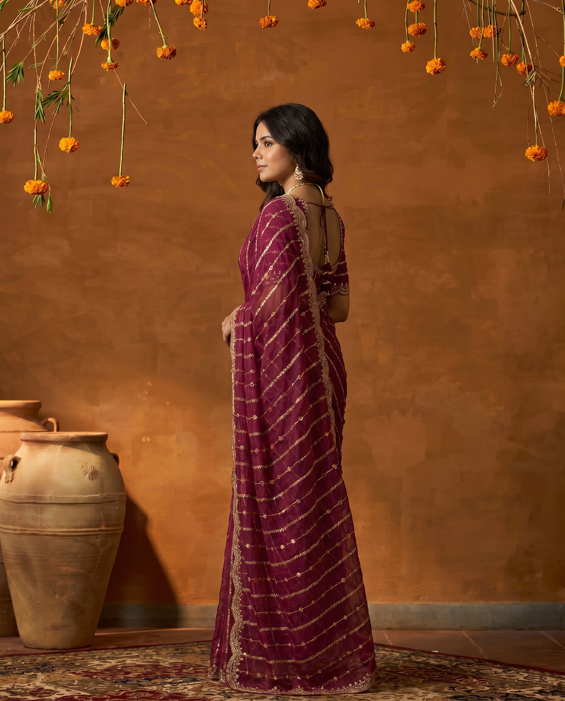 Maroon Embroidered Georgette Saree with Golden Zari Border - output 6 - 03 side