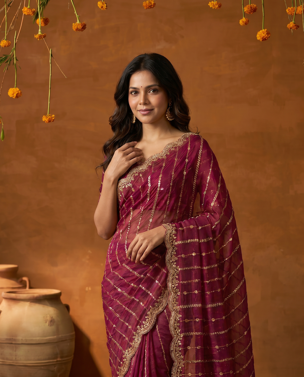Maroon Embroidered Georgette Saree with Golden Zari Border - output 6 - 04 upper closeup