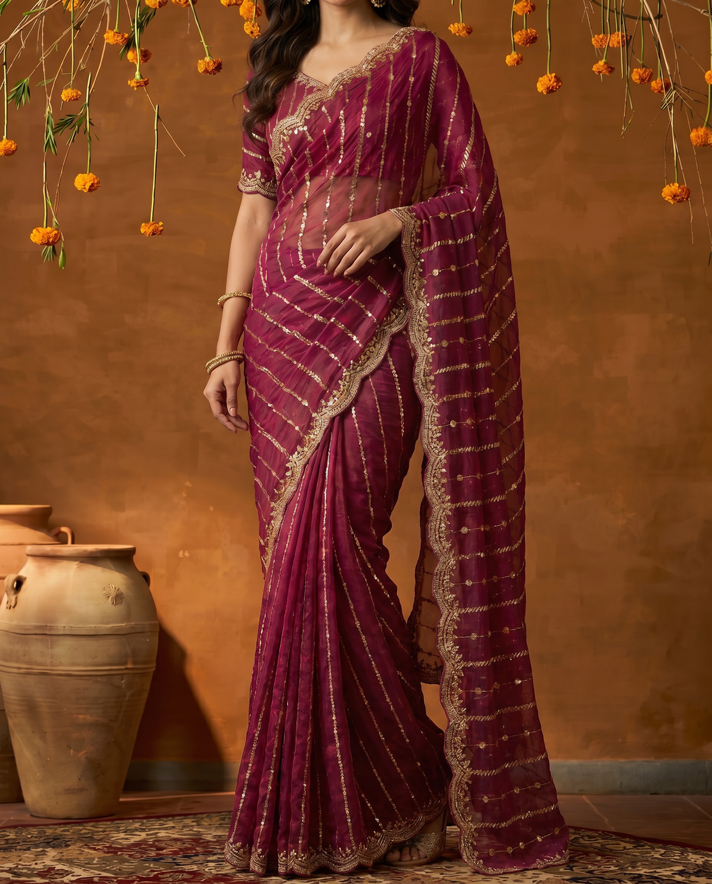 Maroon Embroidered Georgette Saree with Golden Zari Border - output 6 - 05 lower closeup