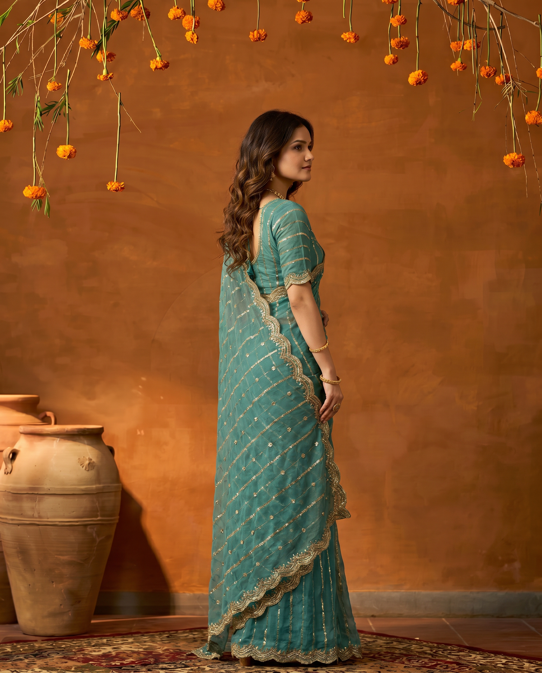 Maroon Embroidered Georgette Saree with Golden Zari Border - output 7 - 03 side