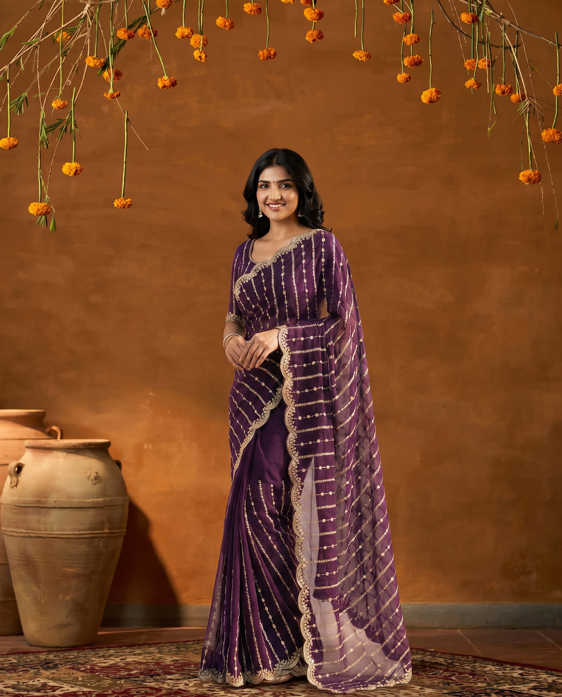 Maroon Embroidered Georgette Saree with Golden Zari Border - output 9 - 02 hero