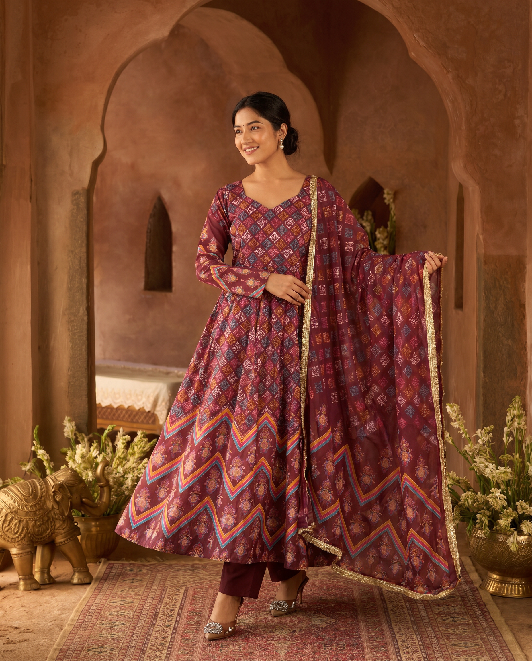 Maroon Printed Maslin Gown Salwar Suit Set - hero