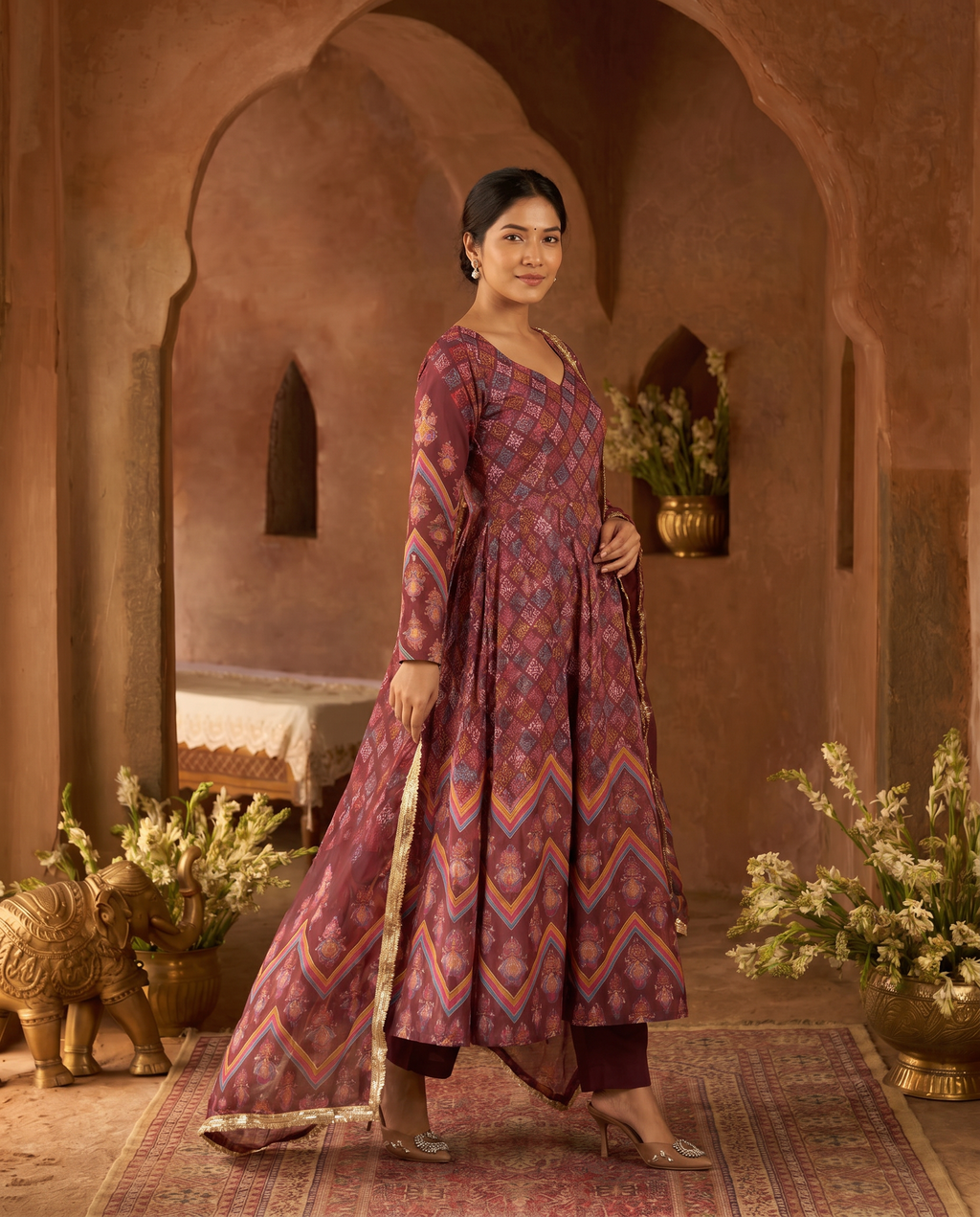 Maroon Printed Maslin Gown Salwar Suit Set - angled movement