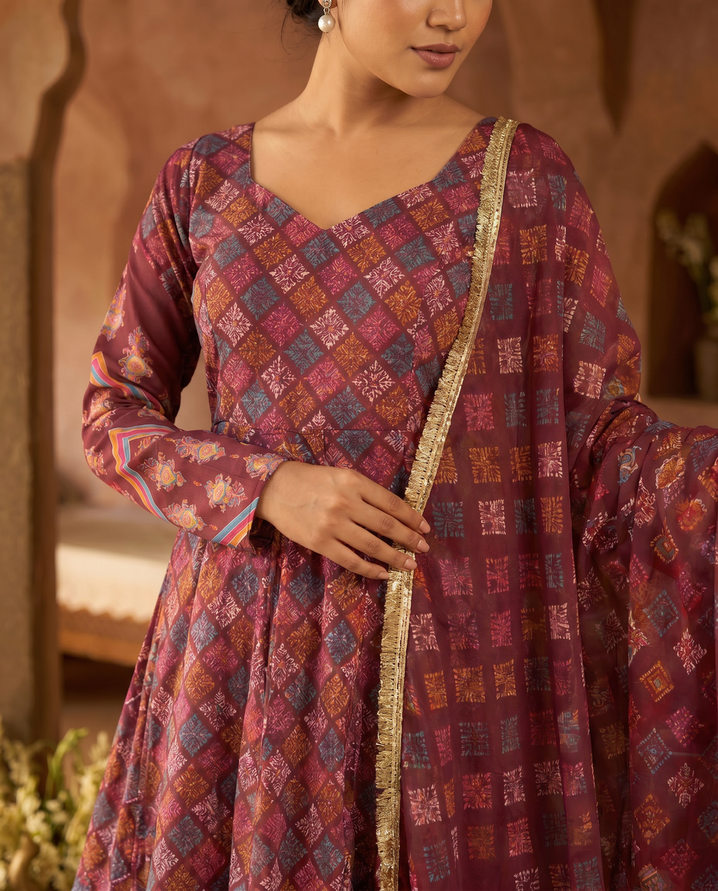Maroon Printed Maslin Gown Salwar Suit Set - detail closeup