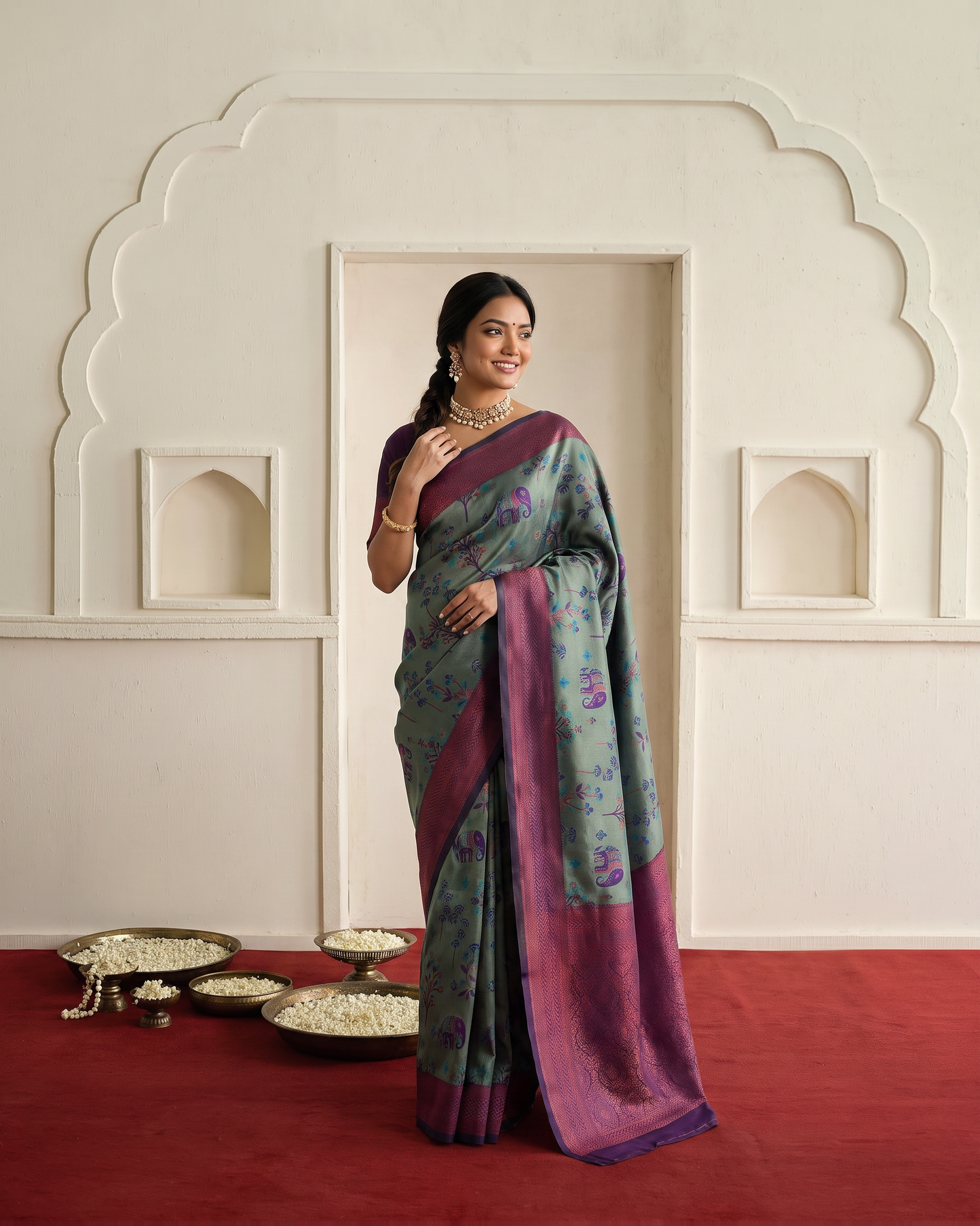 Mayura Teal Magenta Silk Saree with Woven Floral Pallu - full saree hero