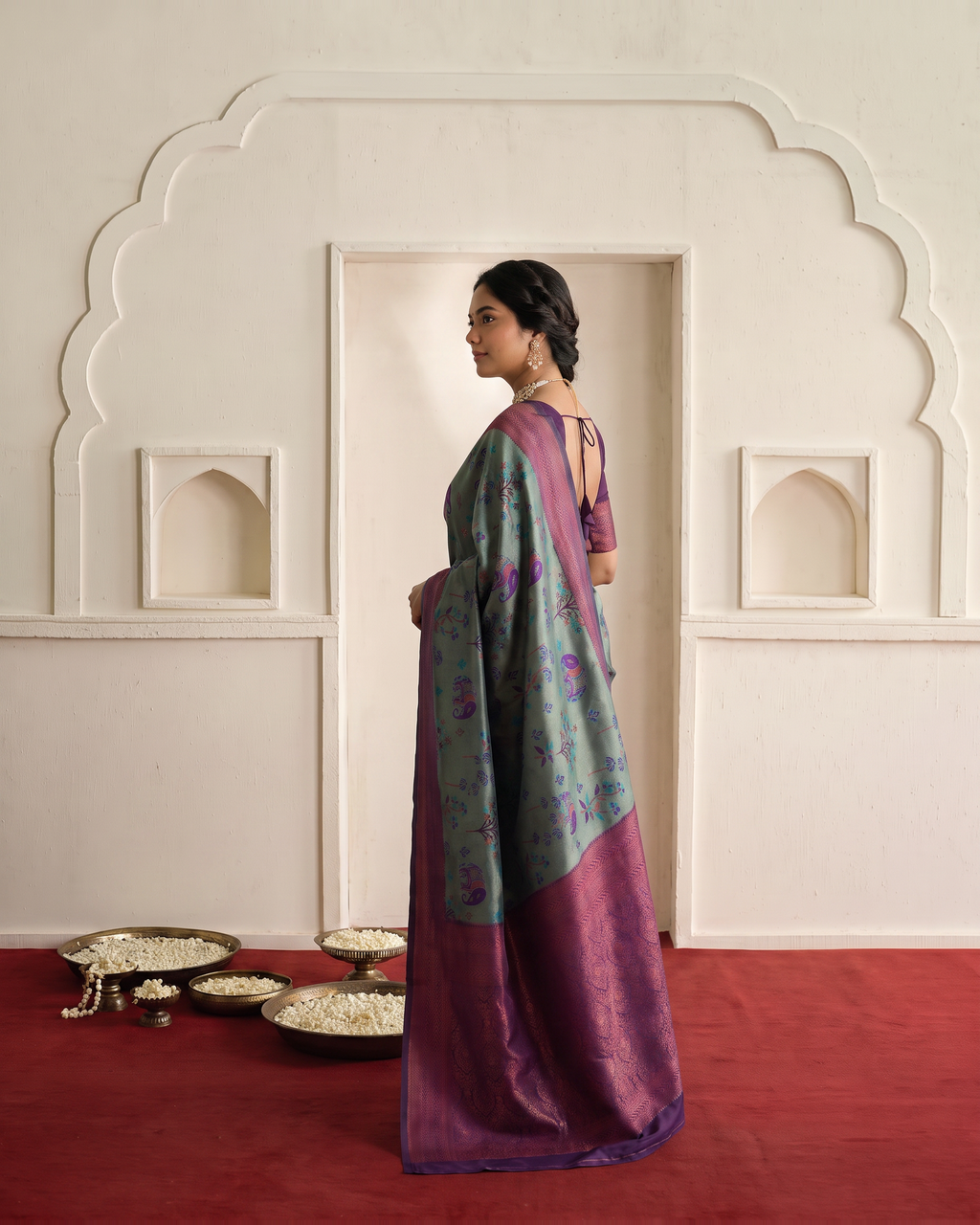 Mayura Teal Magenta Silk Saree with Woven Floral Pallu - side drape