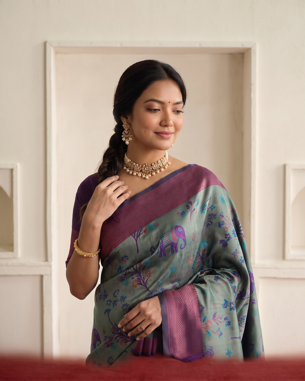 Mayura Teal Magenta Silk Saree with Woven Floral Pallu - upper closeup
