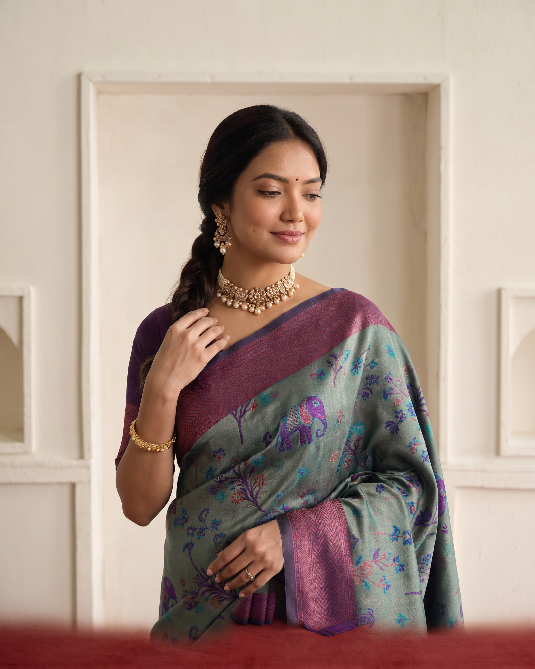 Mayura Teal Magenta Silk Saree with Woven Floral Pallu - upper closeup