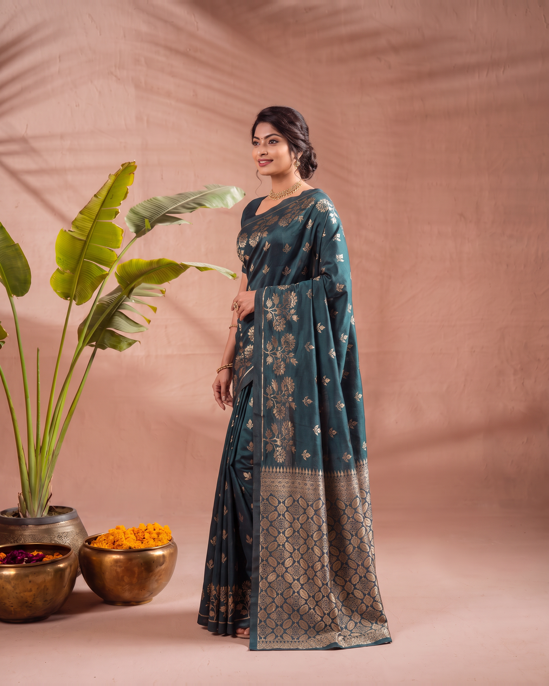 Meera Floral Butta Paithani Silk Saree - Airforce Blue - side drape