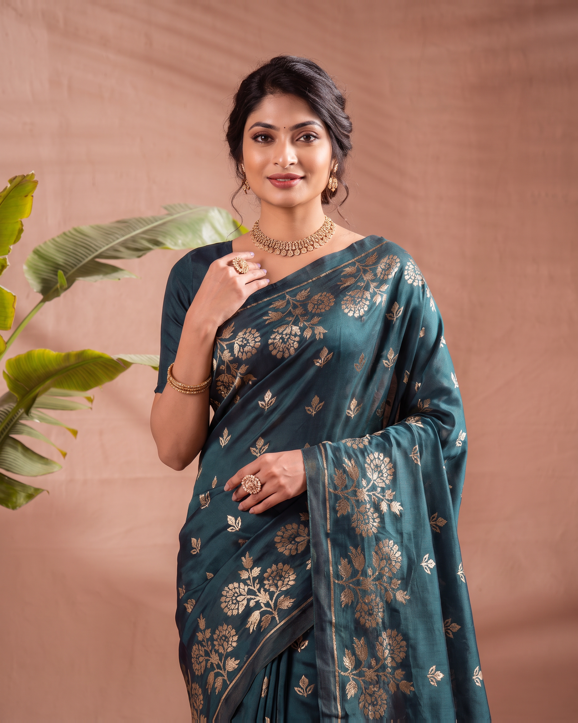 Meera Floral Butta Paithani Silk Saree - Airforce Blue - upper closeup