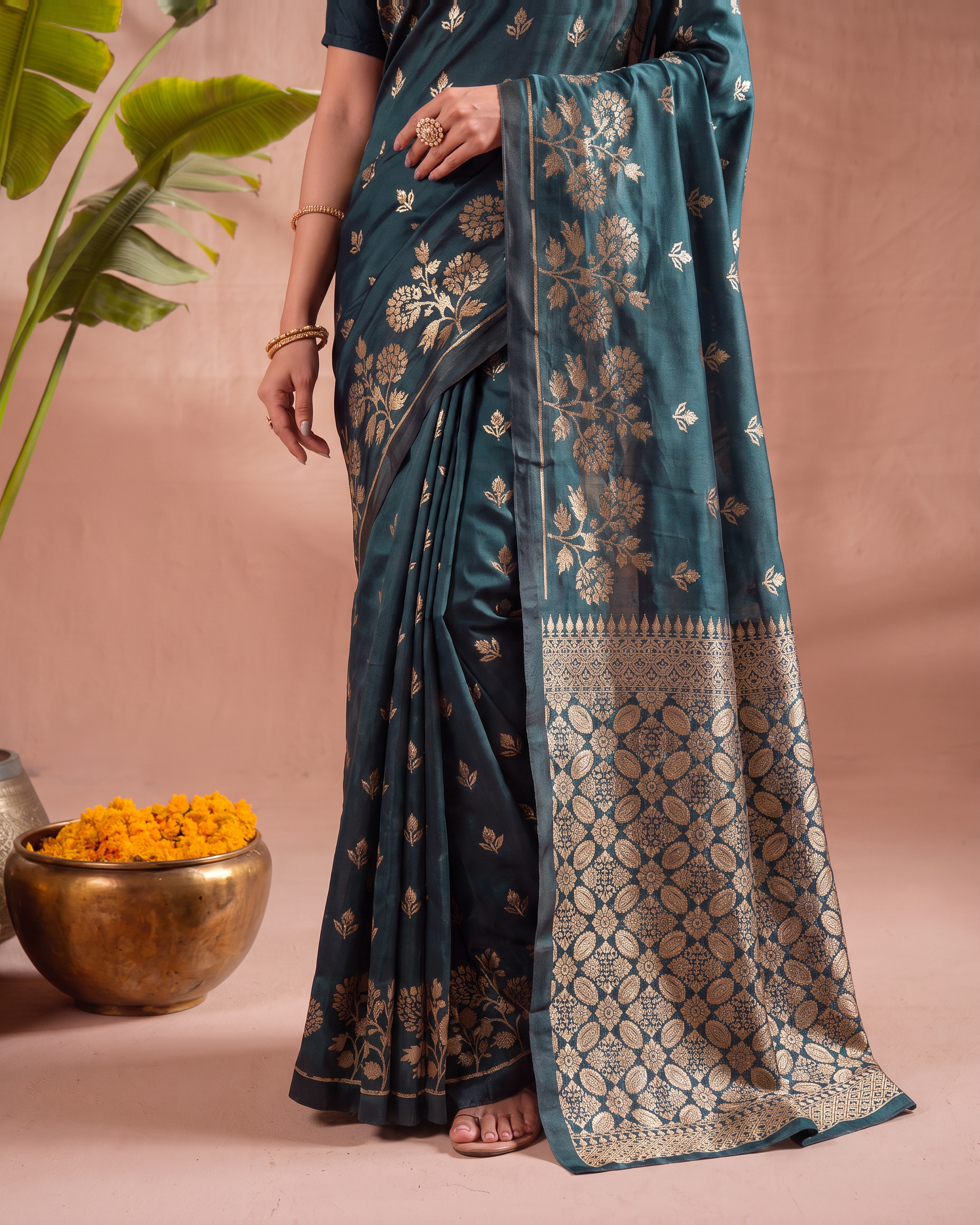 Meera Floral Butta Paithani Silk Saree - Airforce Blue - lower border closeup