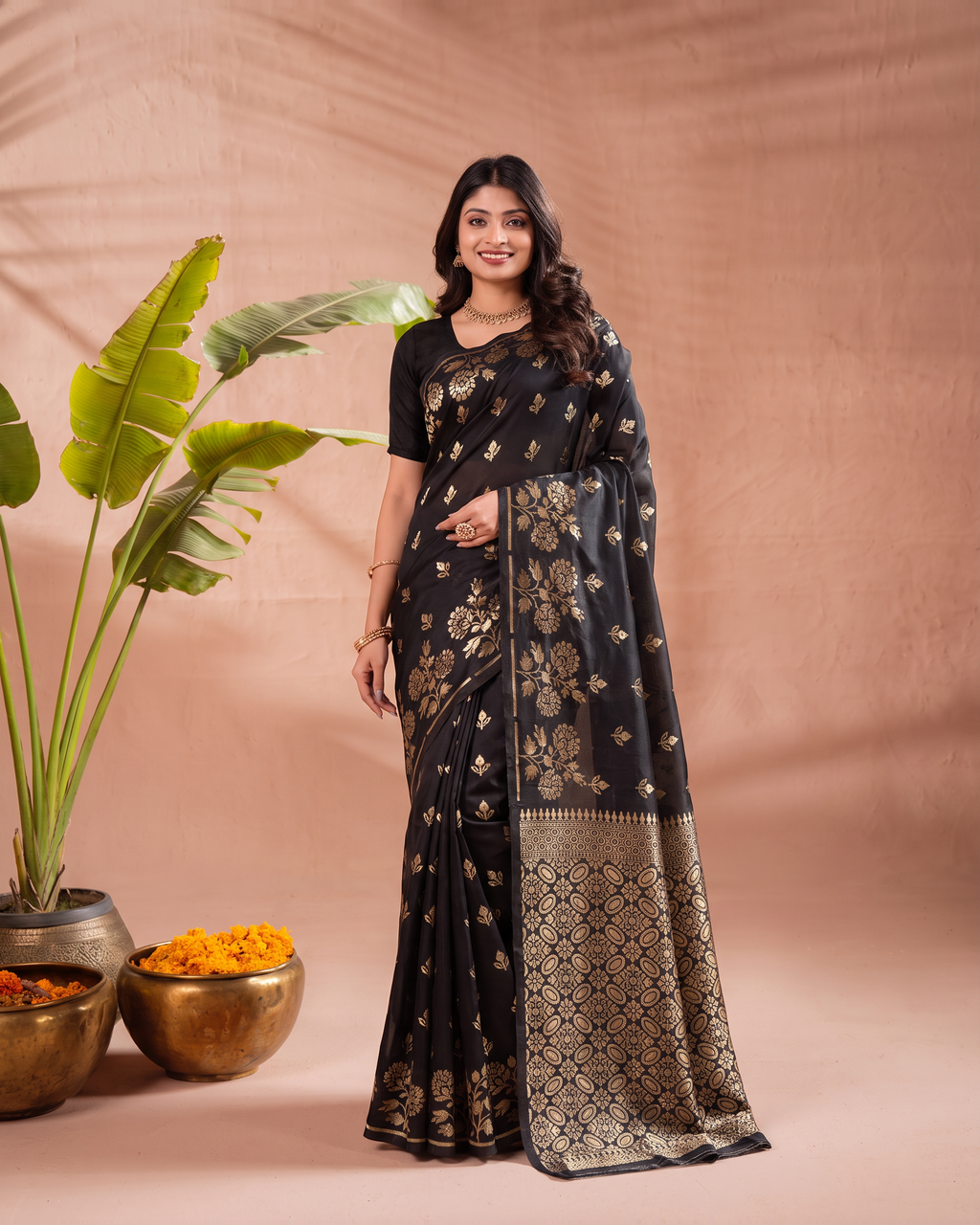 Meera Floral Butta Paithani Silk Saree - Black - full saree hero