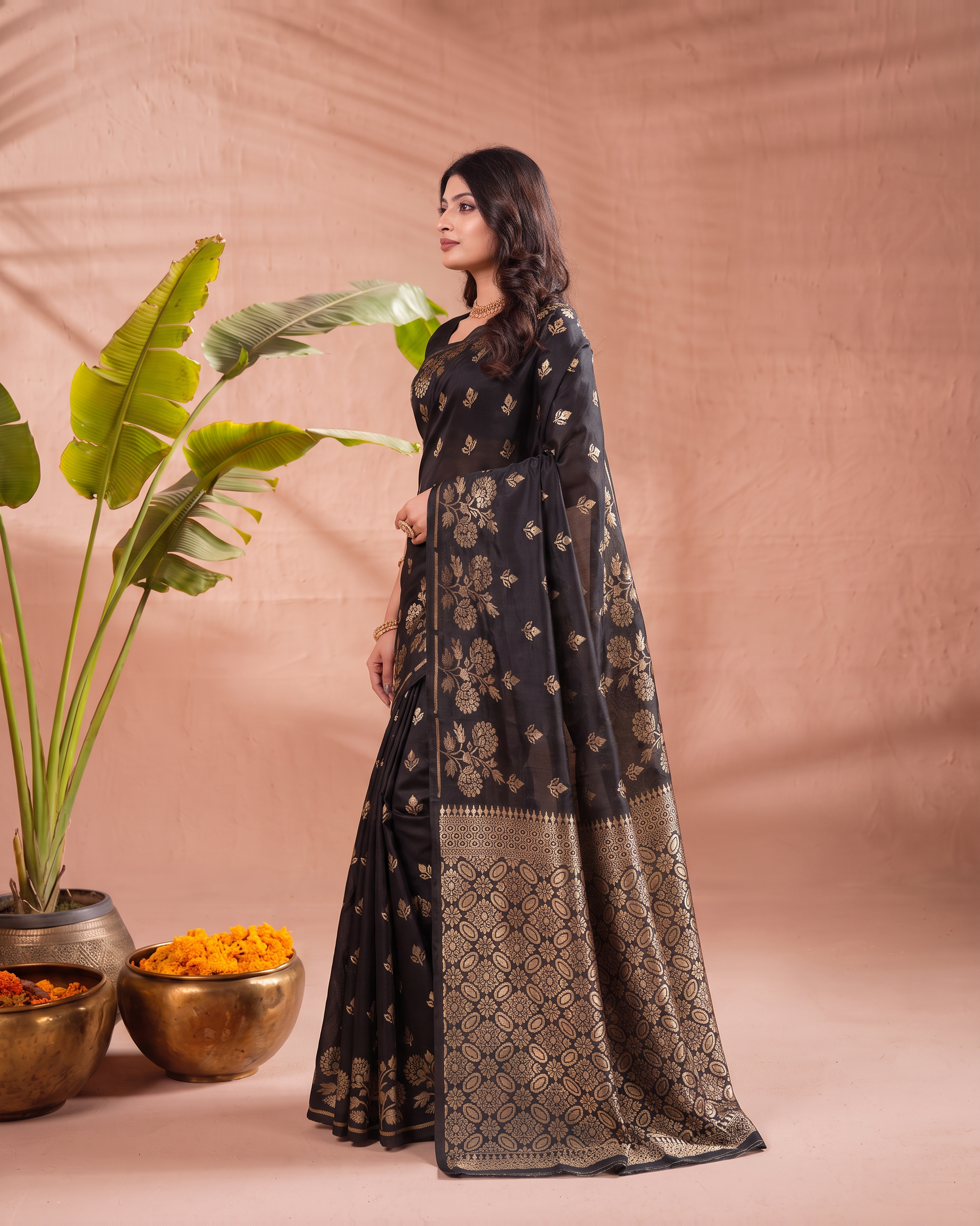 Meera Floral Butta Paithani Silk Saree - Black - side drape