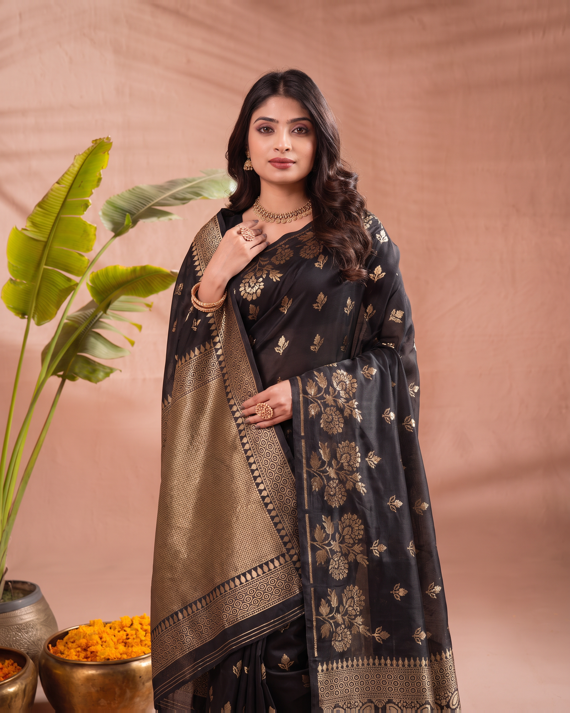 Meera Floral Butta Paithani Silk Saree - Black - upper closeup