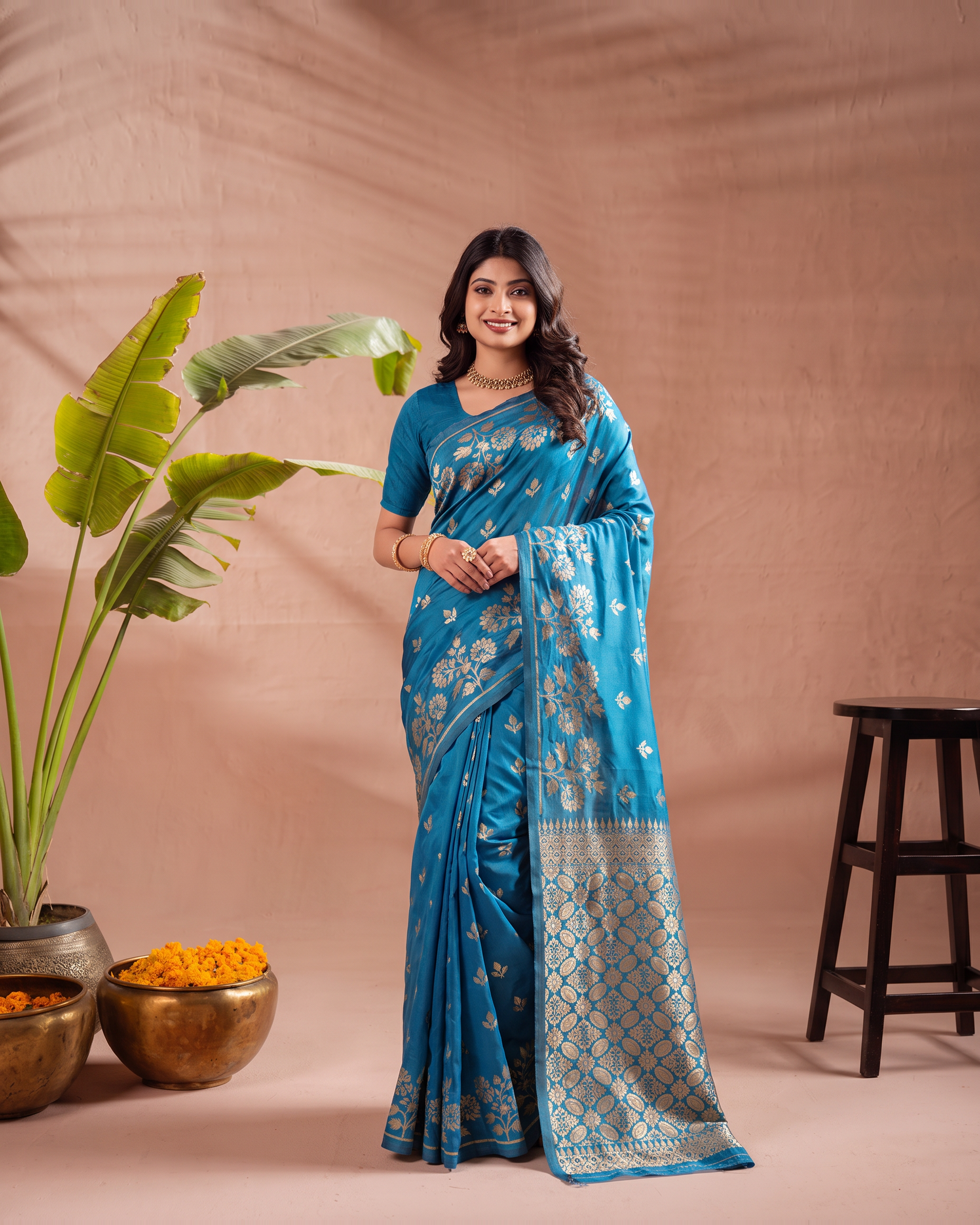 Meera Floral Butta Banarasi Silk Saree - Firozi Blue - full saree hero