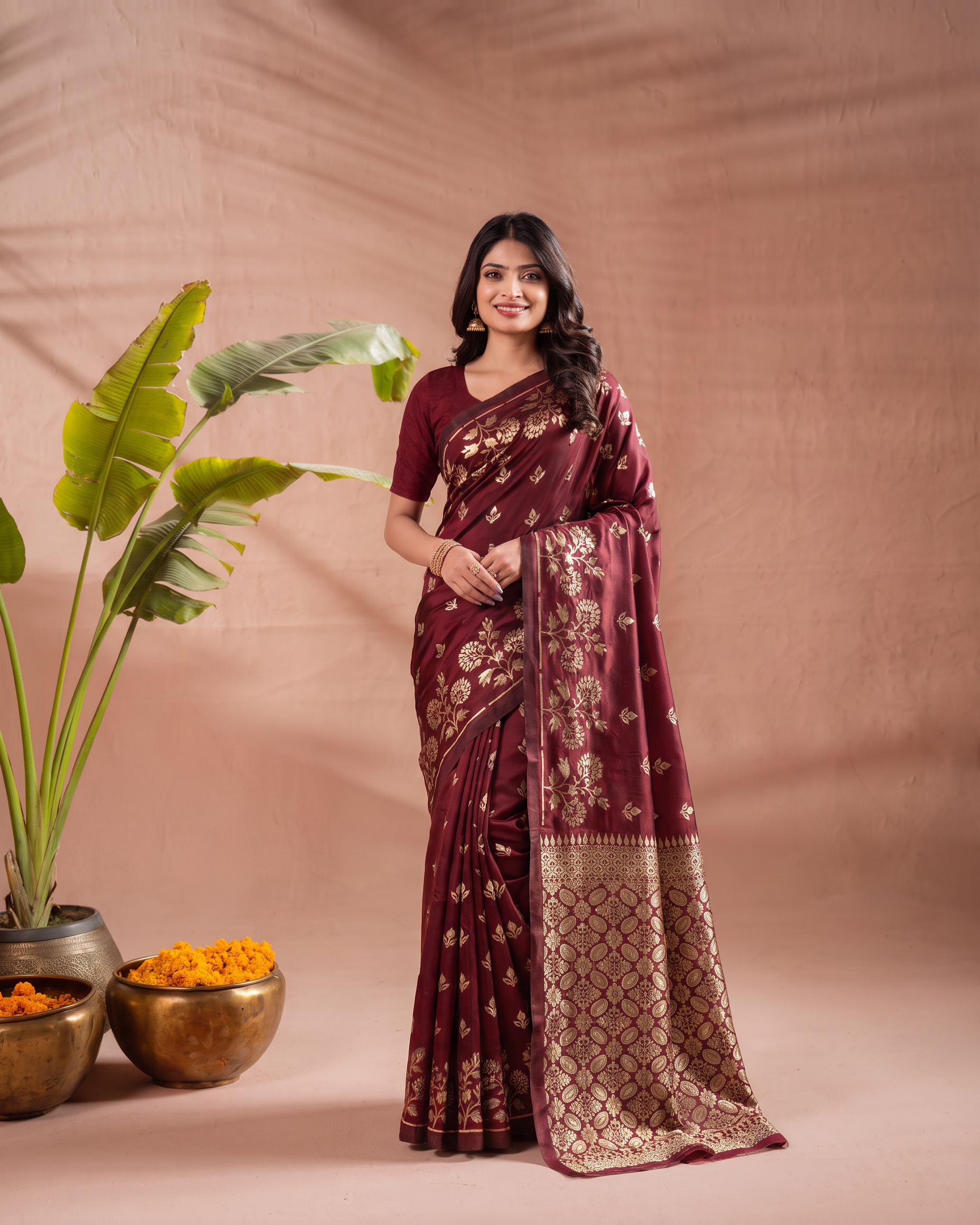 Meera Floral Butta Banarasi Silk Saree - Maroon - full saree hero