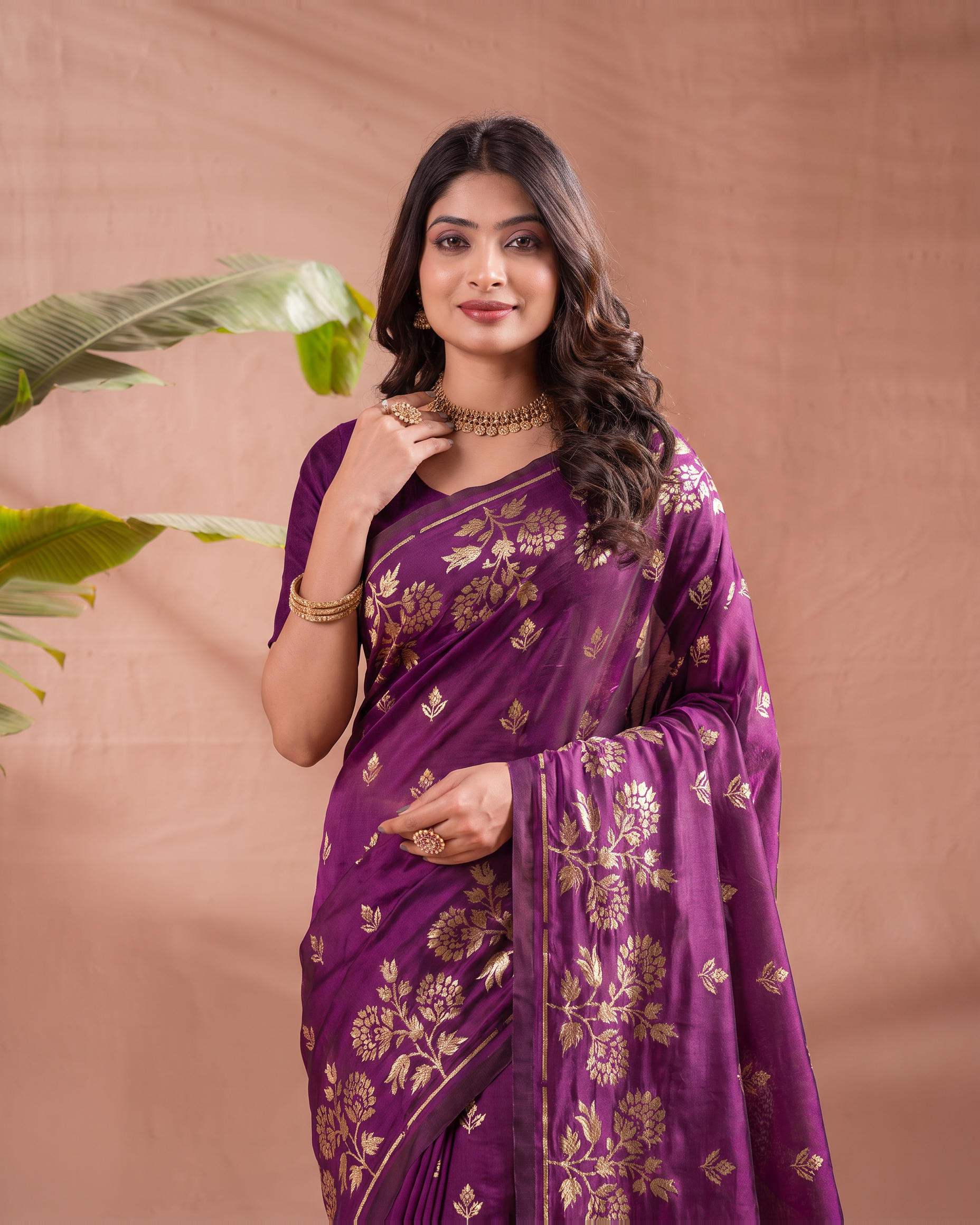 Meera Floral Butta Paithani Silk Saree - Purple - upper closeup