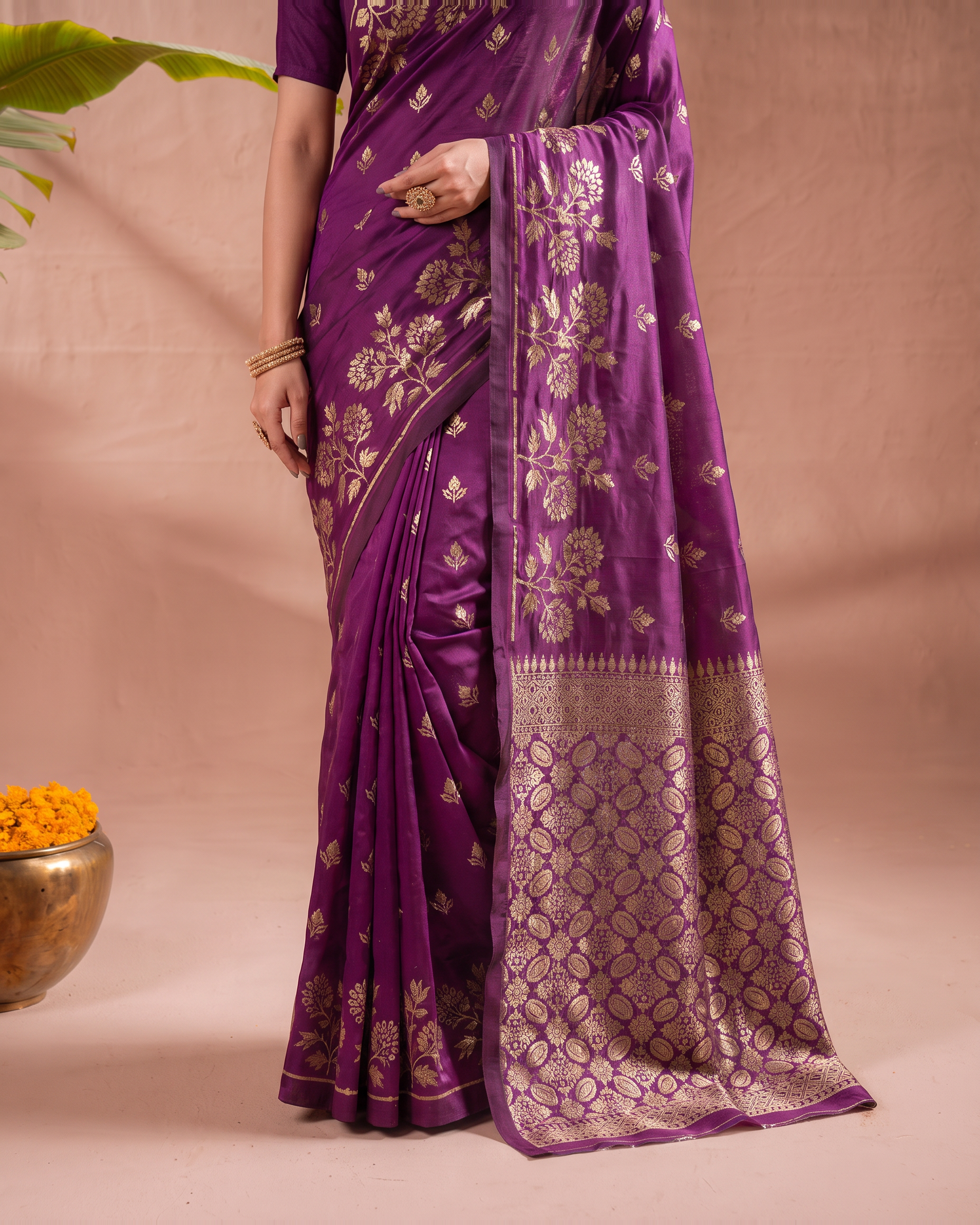 Meera Floral Butta Paithani Silk Saree - Purple - lower border closeup