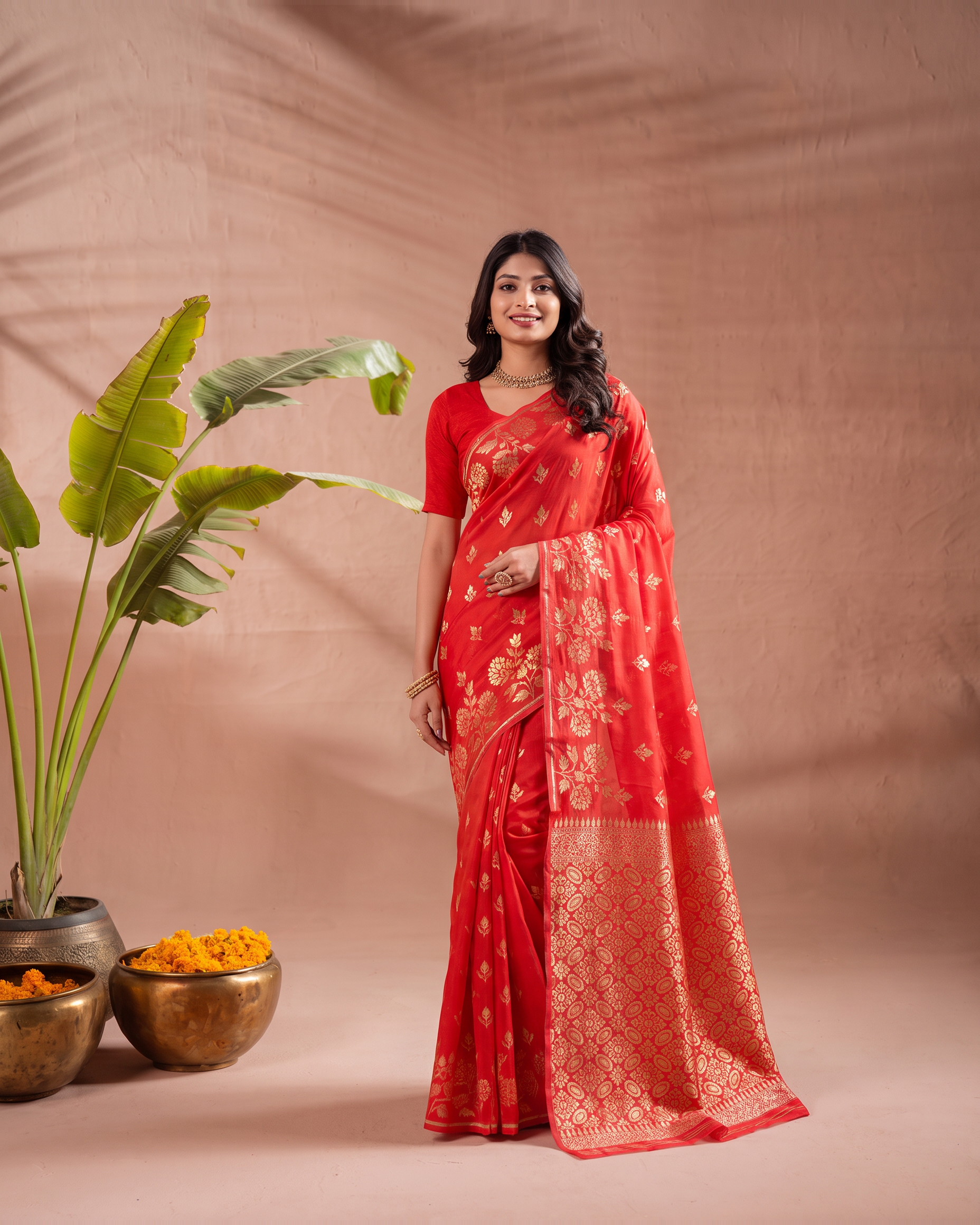 Meera Floral Butta Banarasi Silk Saree - Red - full saree hero